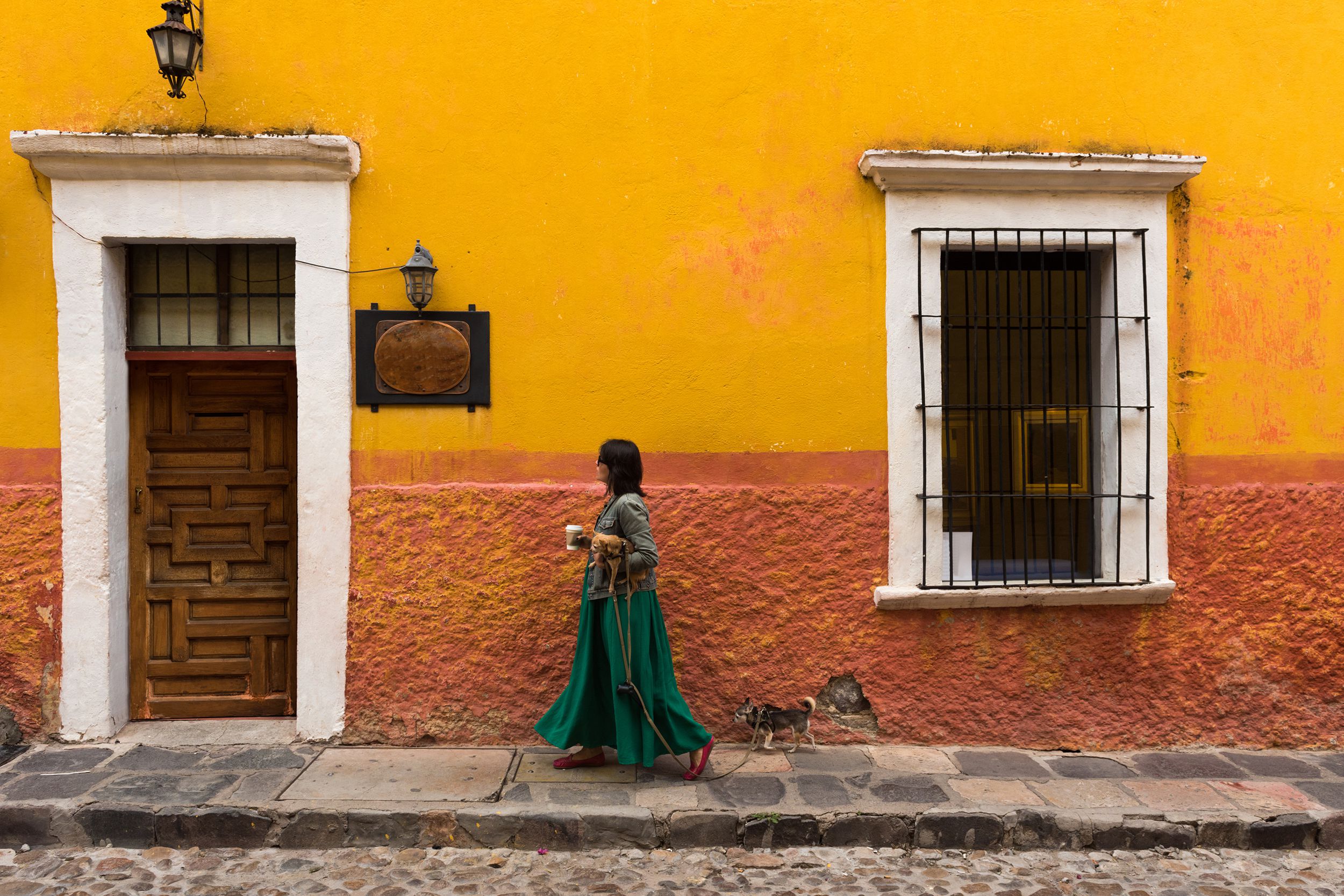 Latin woman walking her chihuahua dogs in San Miguel de Allende, Mexico