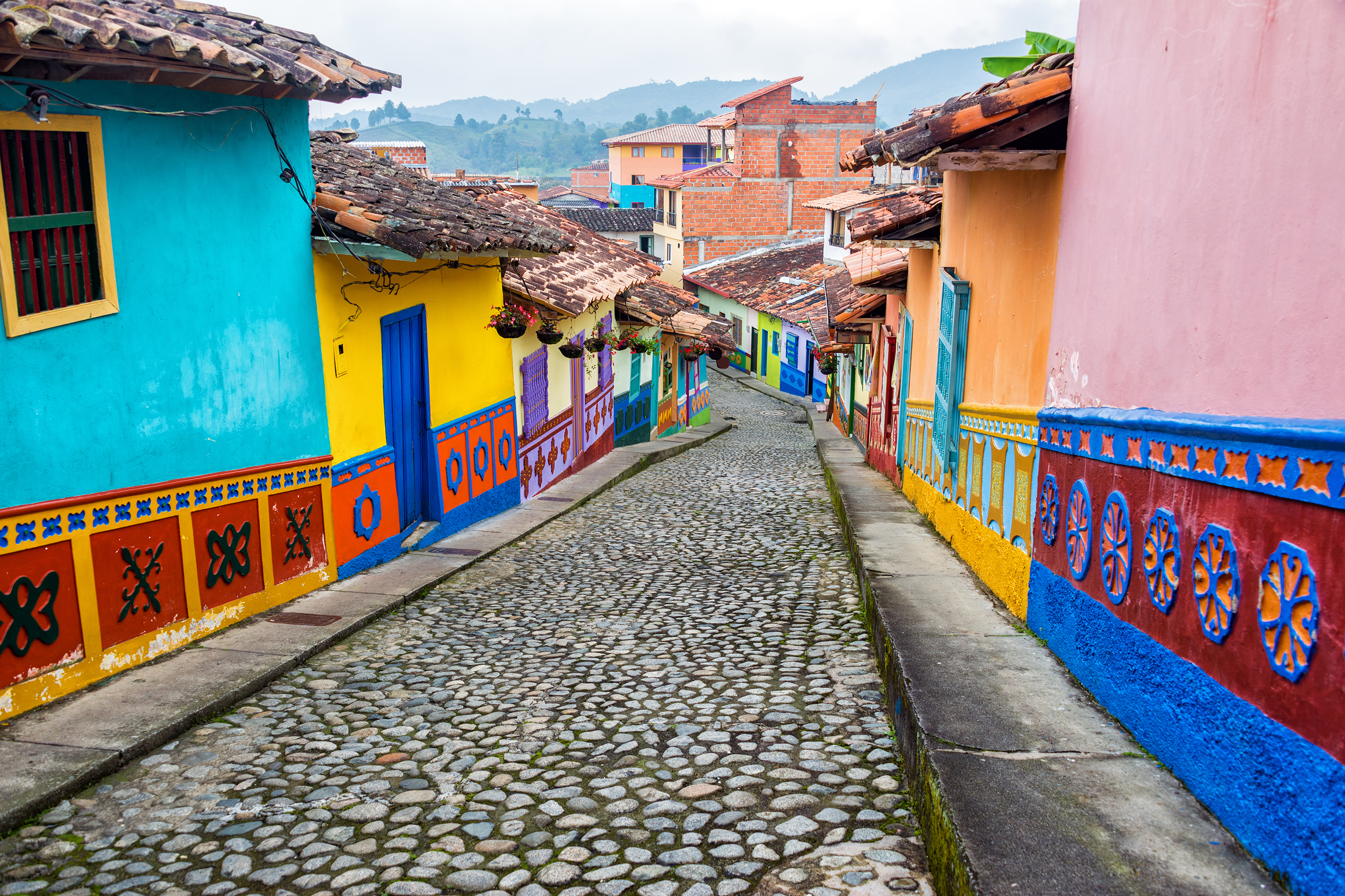 Colorful cobblestone street in Medellín, Colombia