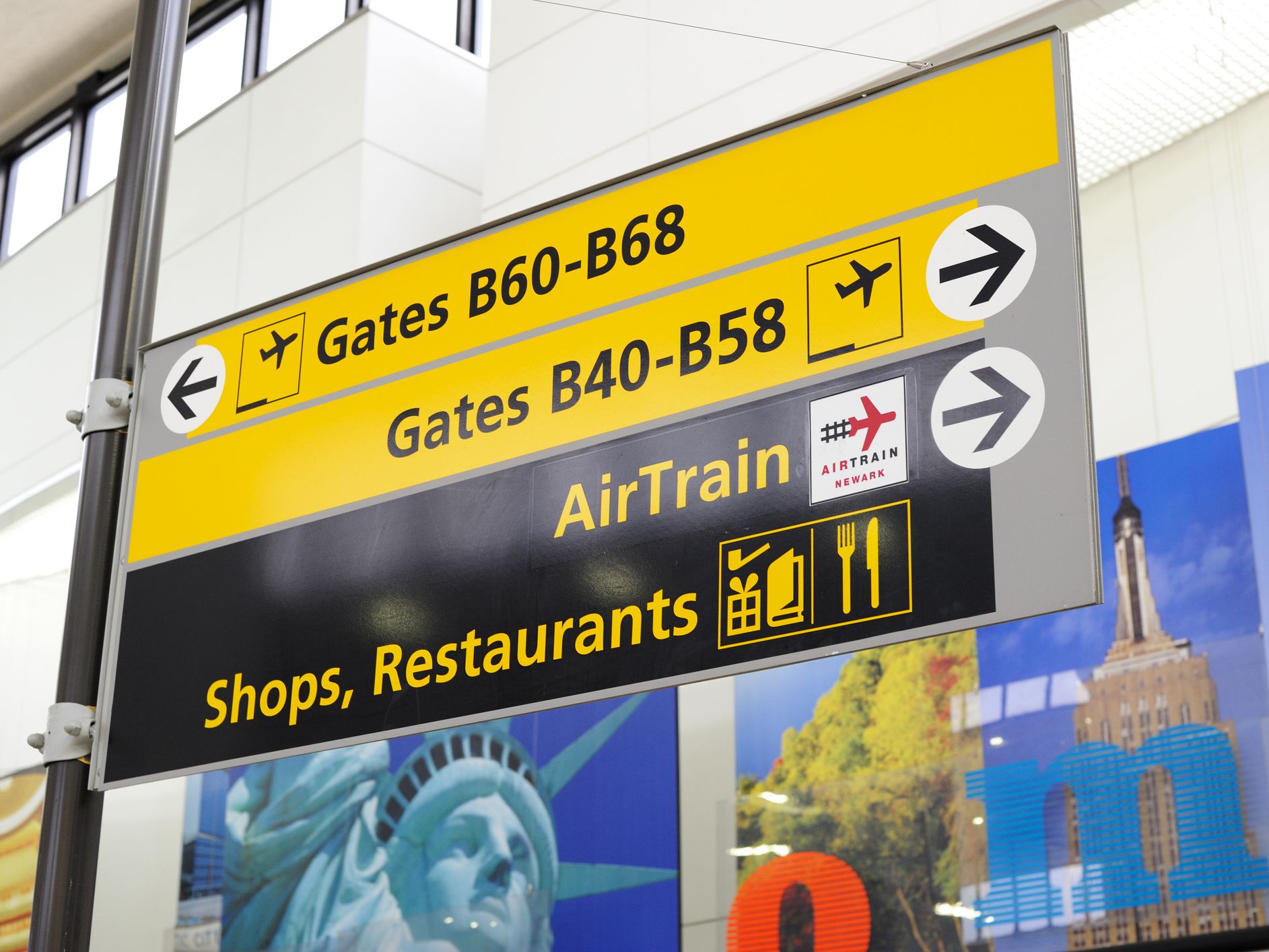 Newark, USA - June 8, 2016. Signs in the terminal of Newark Liberty International Airport. Newark Liberty International Airport is a major air transportation hub serving metropolitan New York area for domestic and international travelers.
