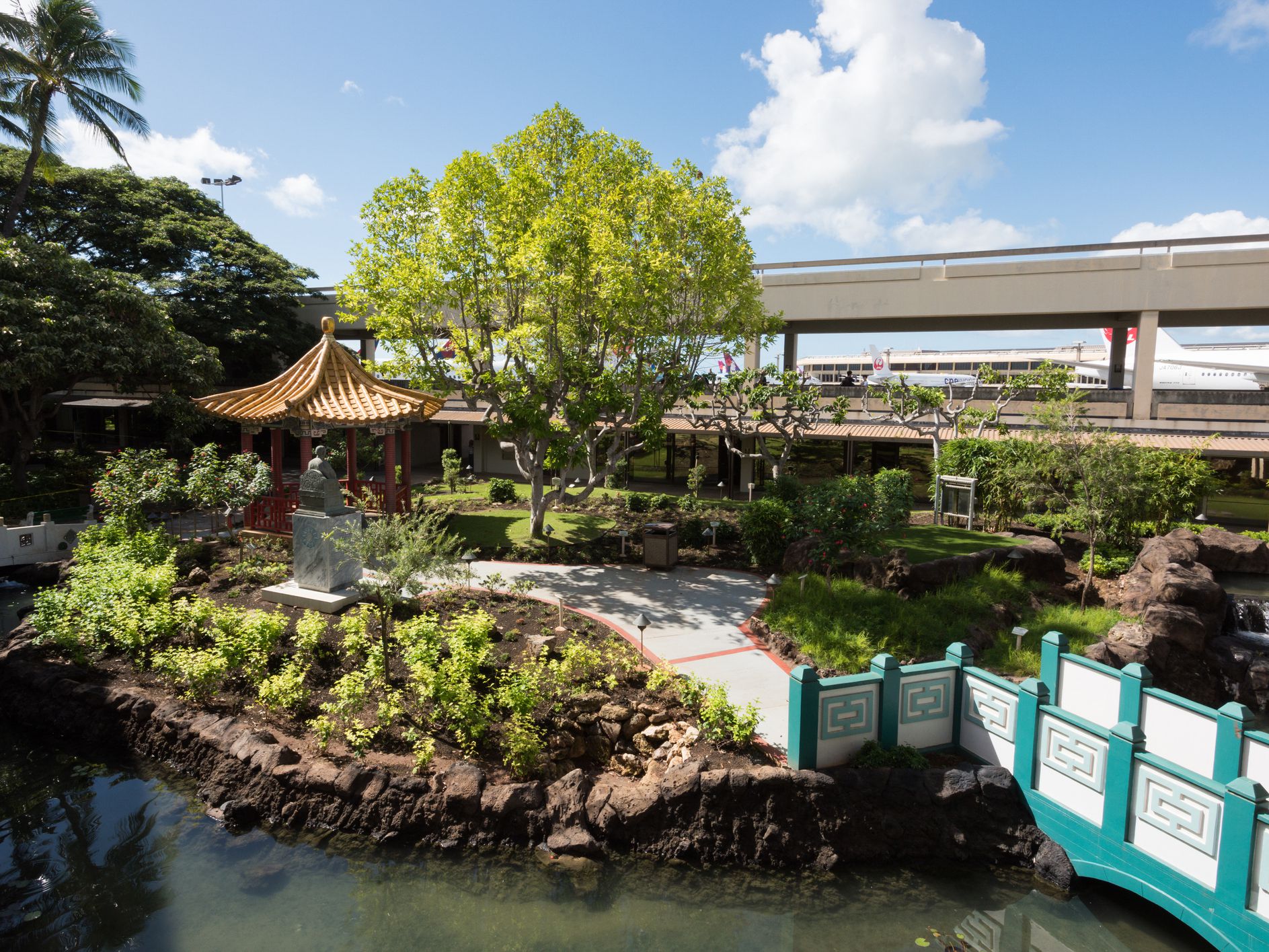 Honolulu, USA-Nov 12, 2017: Chinese cultural garden at the Daniel K. Inouye International Airport late in the day.