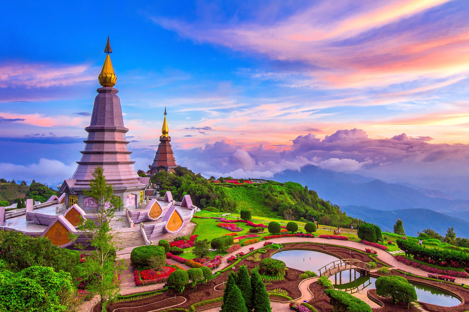 landscape in Chiang mai. Pagodas Noppamethanedol & Noppapol Phumsiri at sunset in Inthanon mountain