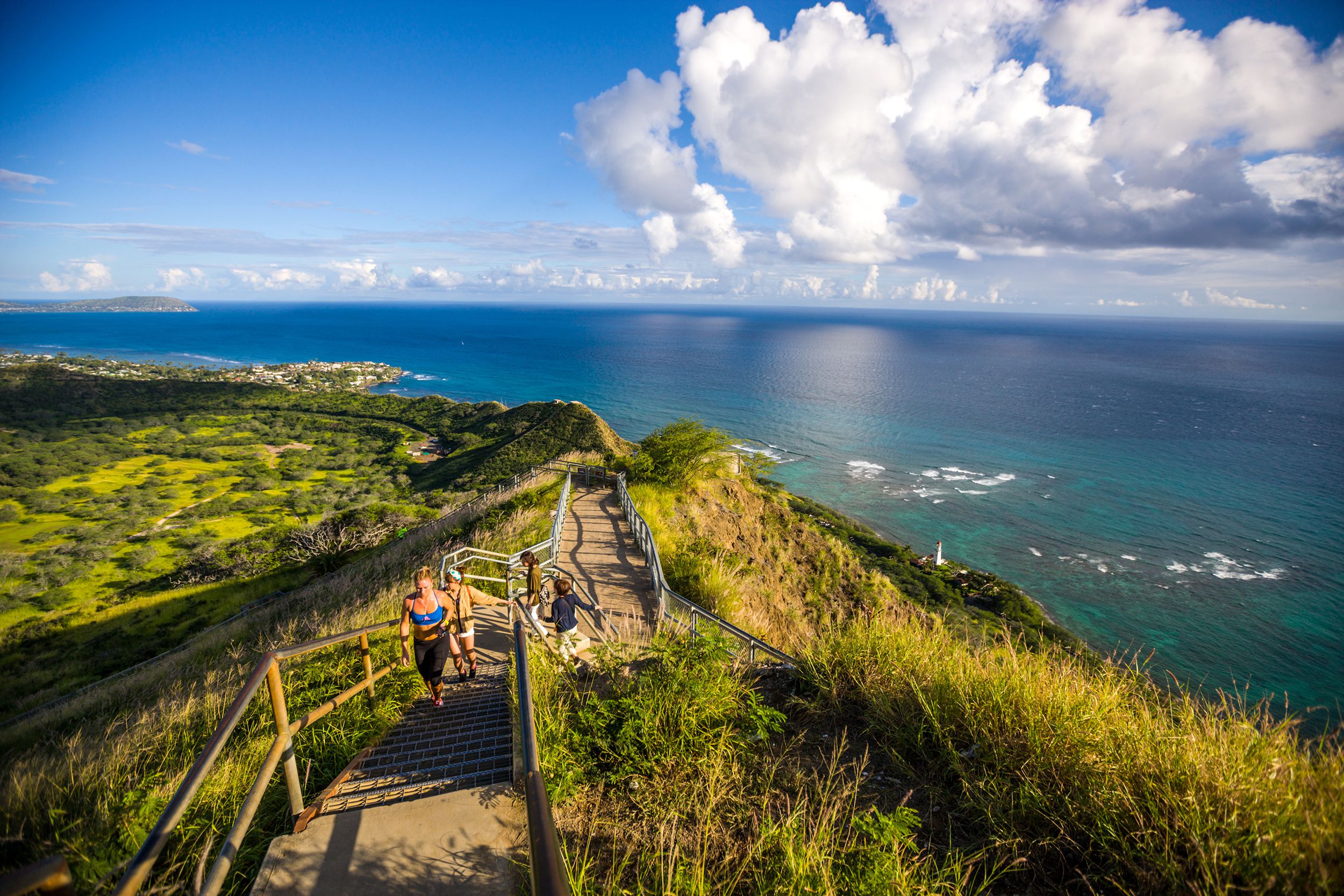 people jogging on trail to Diamond Head Crater, Oahu, Hawaii
