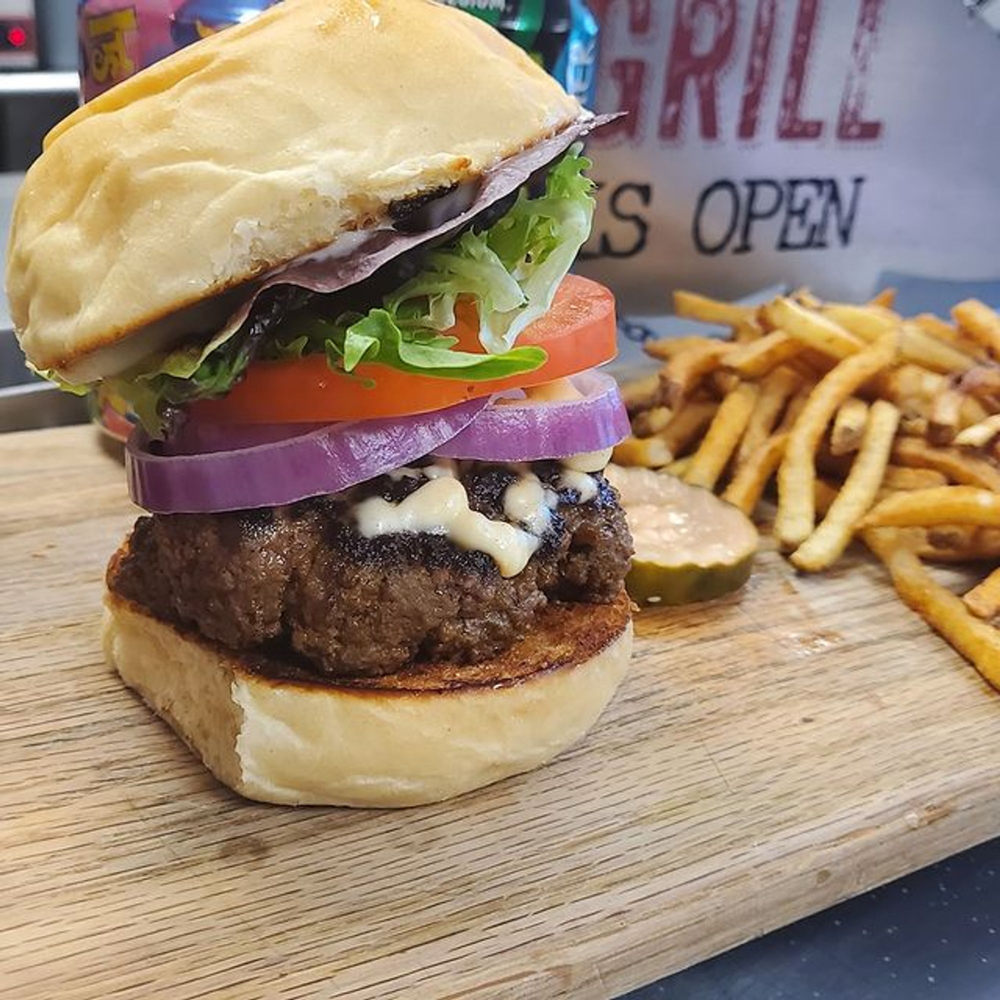 burger with fries at Game, Louisville, Kentucky