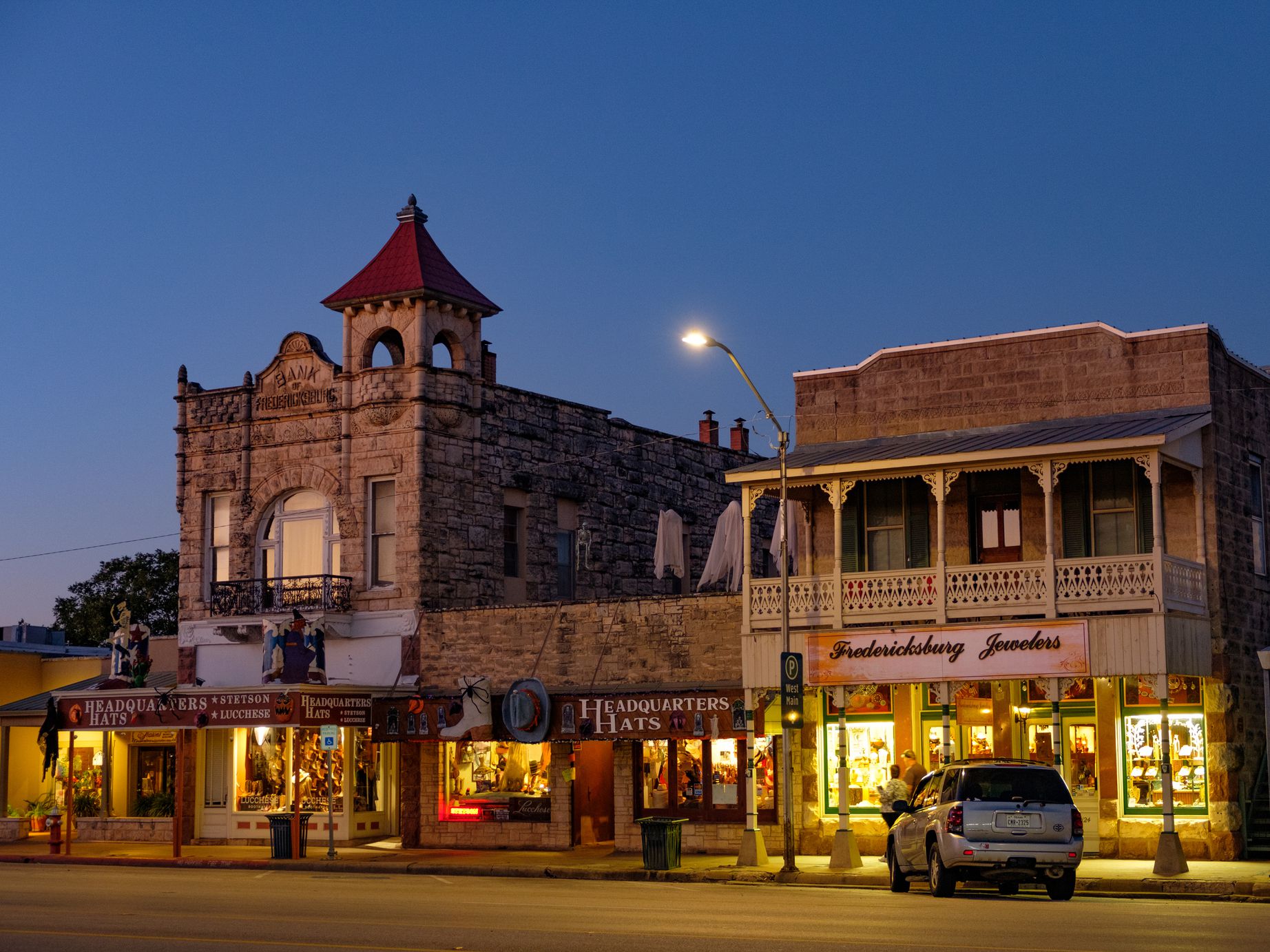 Downtown Fredericksburg stretches 8-10 blocks on either side of Highway 290. Downtown has dozens of tourist-friendly shops and restaurants and the National Museum of the Pacific War. Here are two shops, Headquarters Hats and Fredericksburg Jewelers.