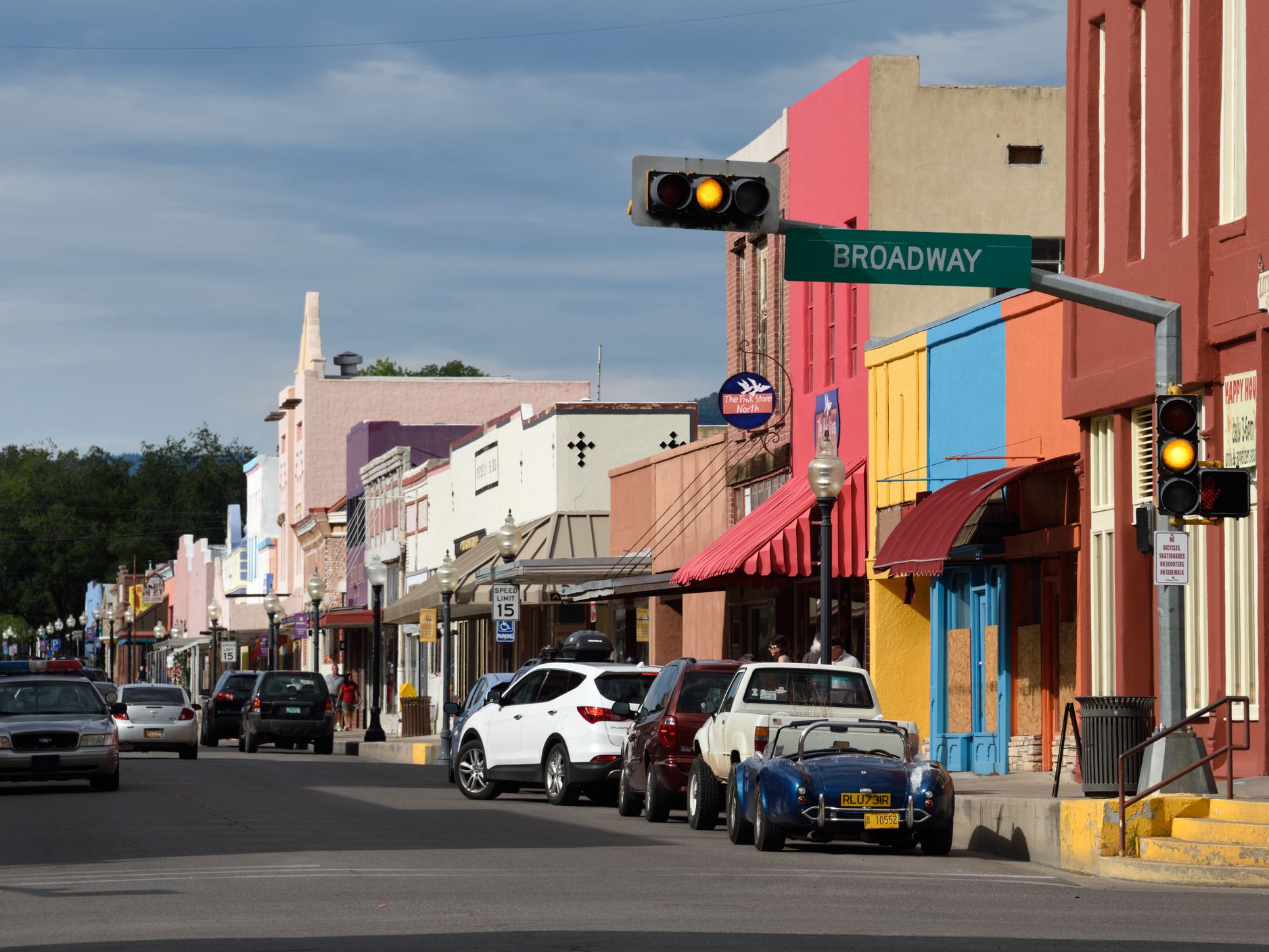 Silver City, United States-September 5, 2015: North Bullard Street, Silver City, New Mexico, USA at its junction with Broadway. Colourful mix of shops, bars and restaurants catering for local and tourist trade.