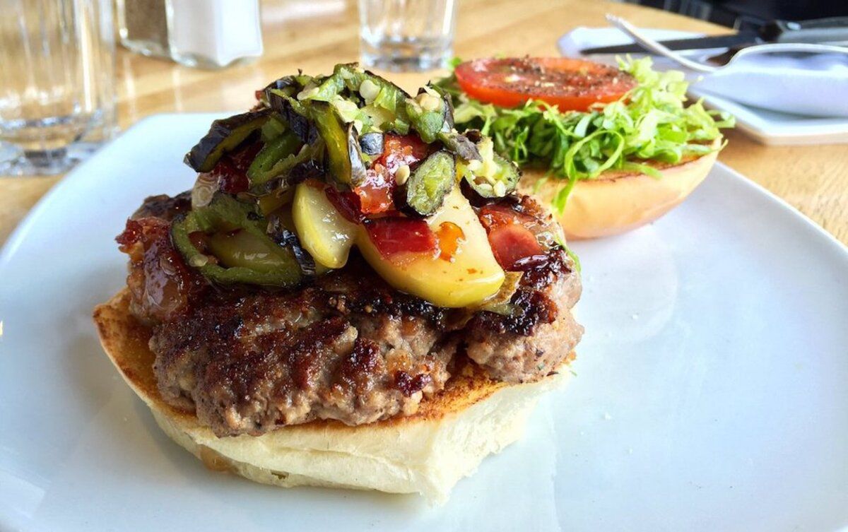 antelope burger with with jalapeno and cranberry jus at Tip Tap Room, Boston