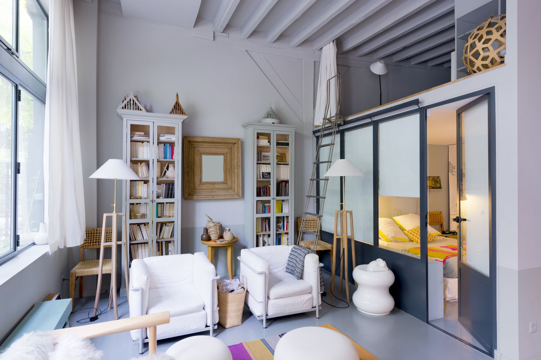 Contemporary living room. Loft. Studio apartment. Bedroom