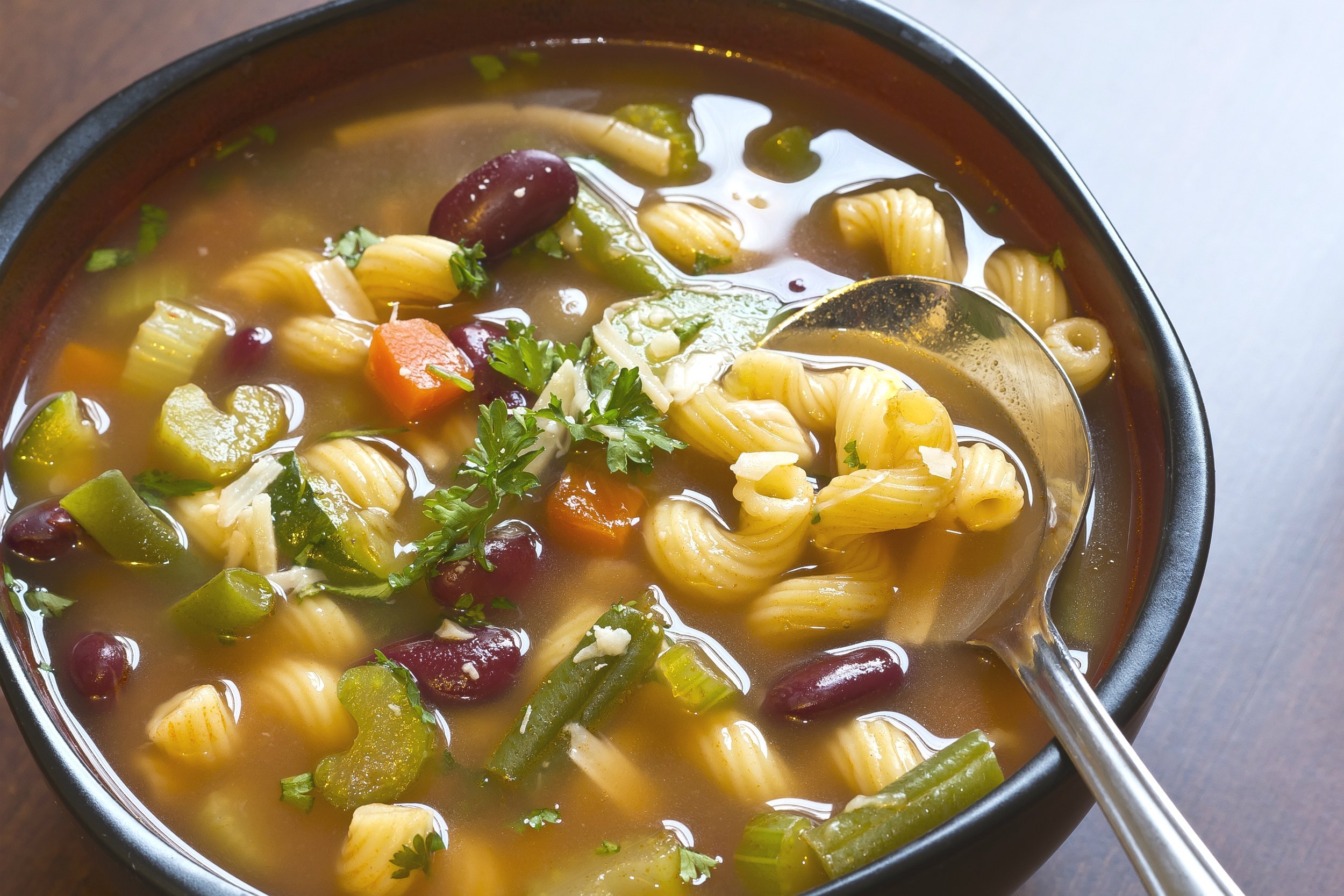 hearty winter minestrone soup and glass of water