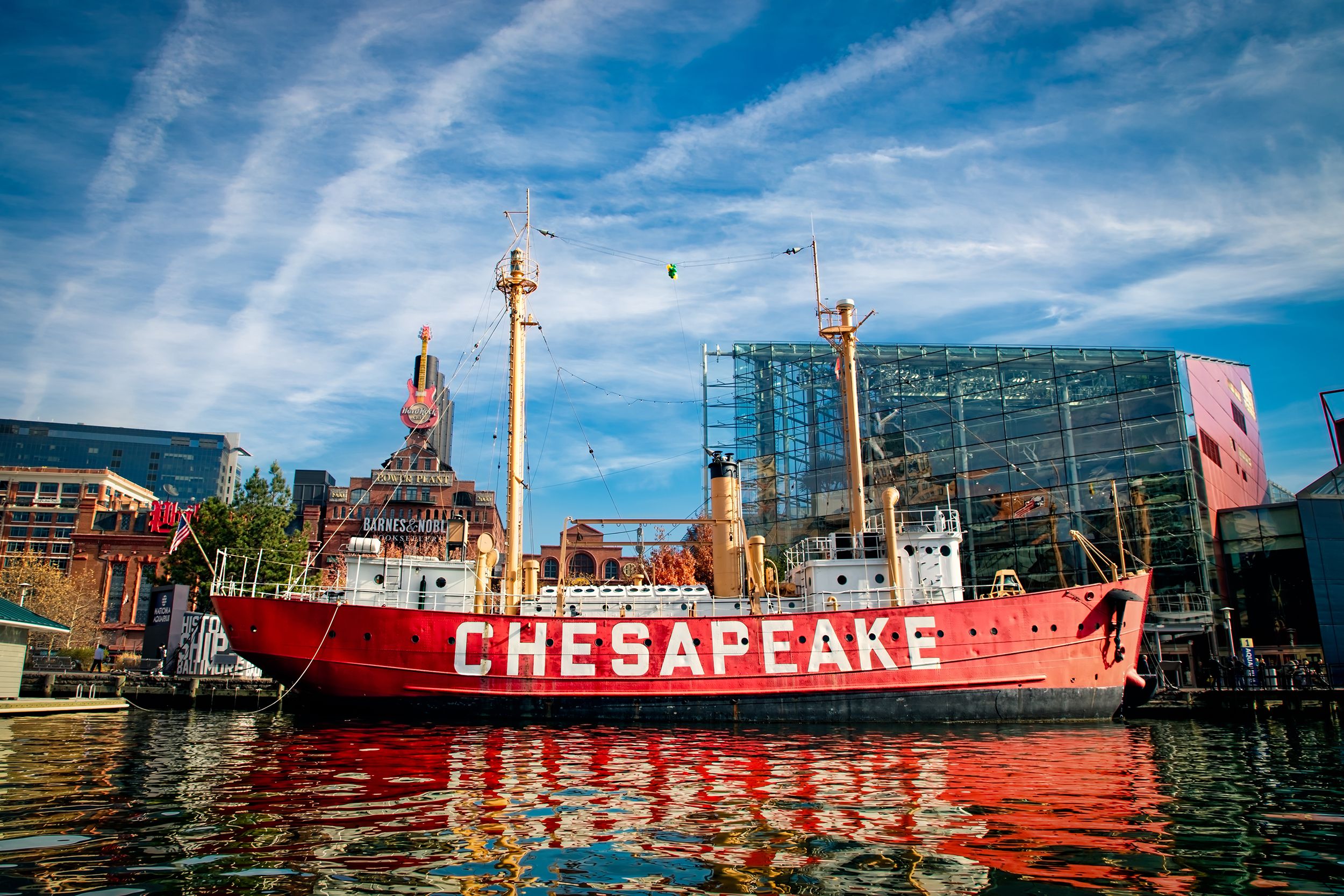 the lightship Chesapeake sits docked at the Inner Harbor, Baltimore, Maryland
