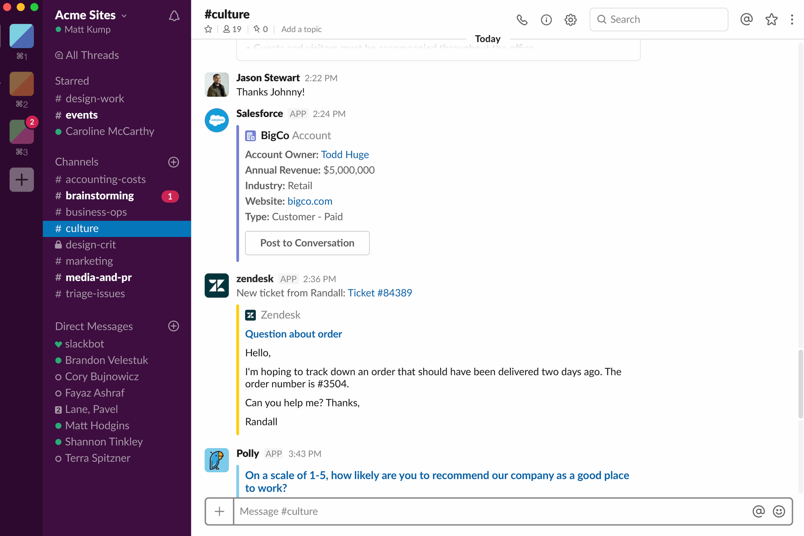 Slack interface on MacOS, Acme Sites, with several channels and direct messages, purple tab and white message screen