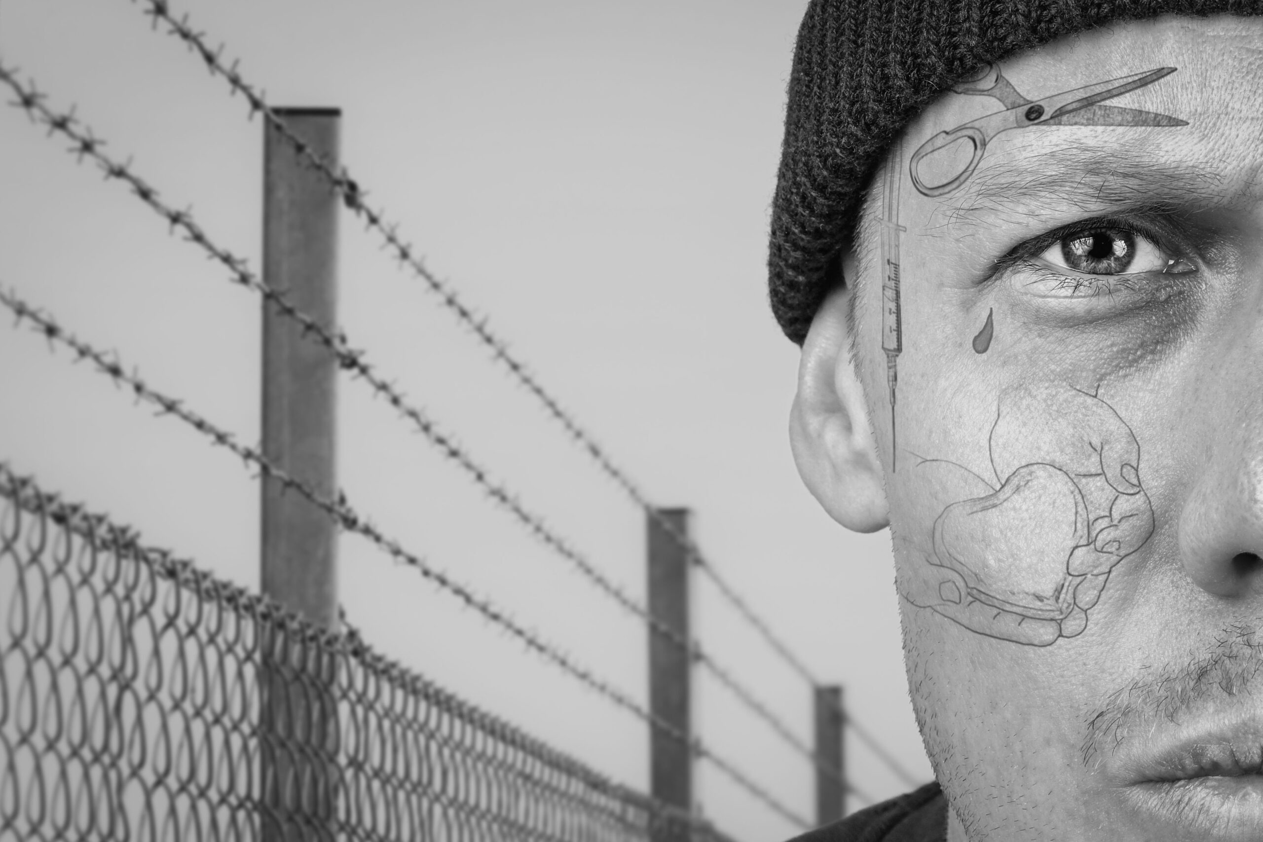 Portrait of guy with teardrop and face prison tattoo