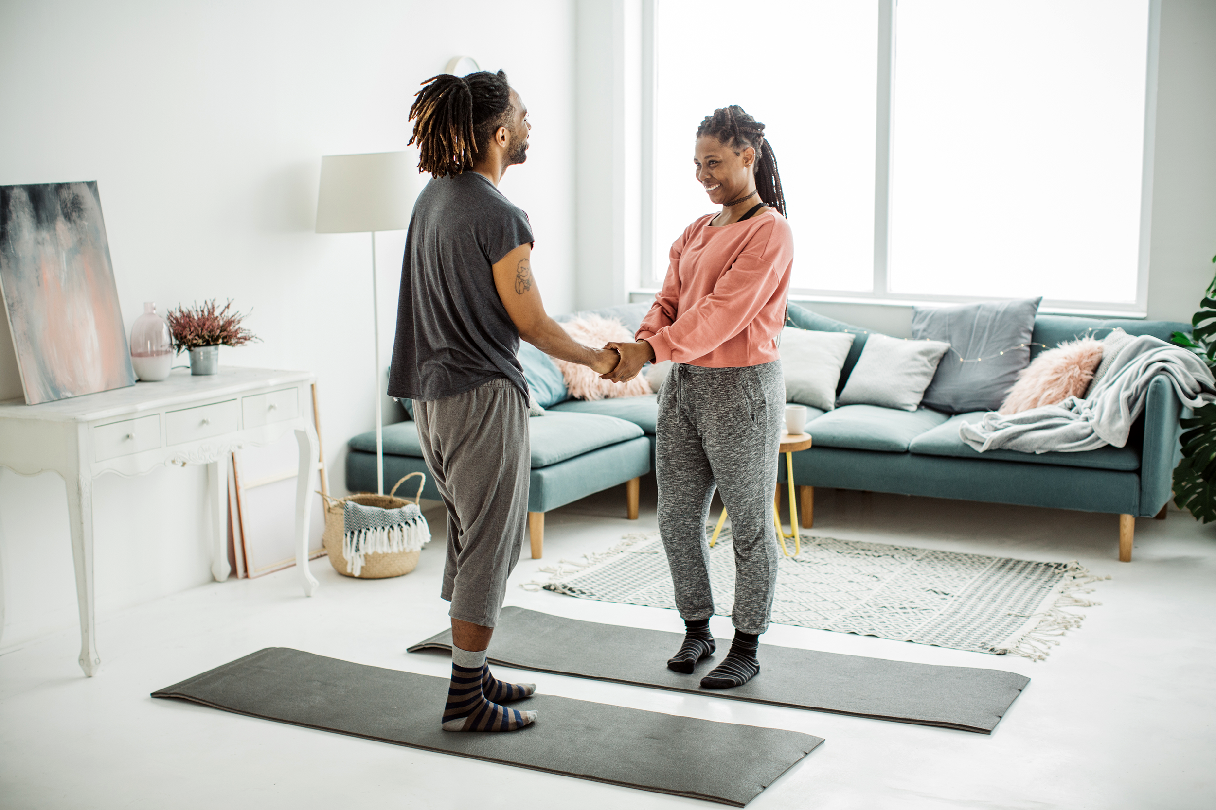 Couple working out at home