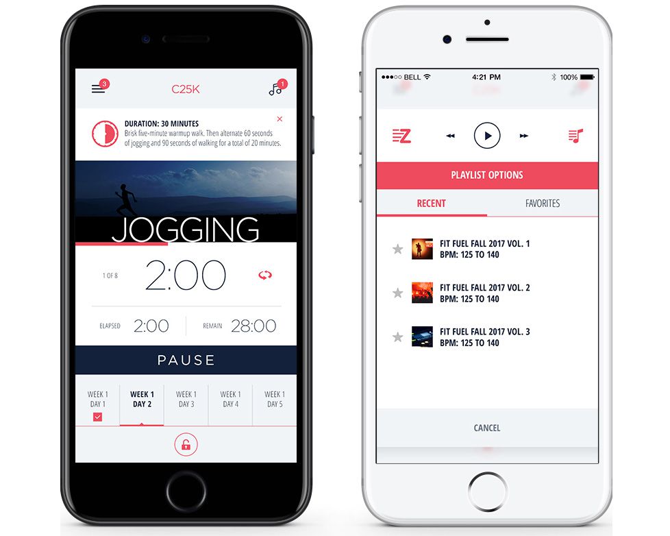 c25k trainer interfaces on two smartphones