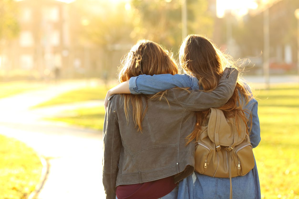 Affectionate friends walking at sunset