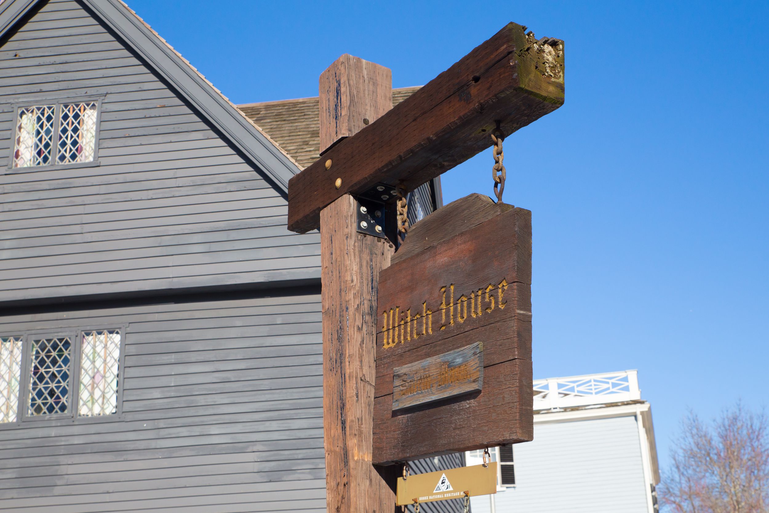 SALEM, MASSACHUSETTS - DECEMBER 28, 2017: View of the historic Salem Witch House, former home of Judge Jonathan Corwin