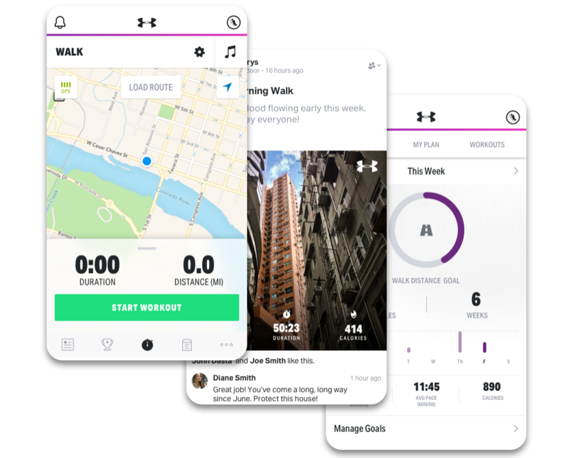 three mapmywalk app interfaces
