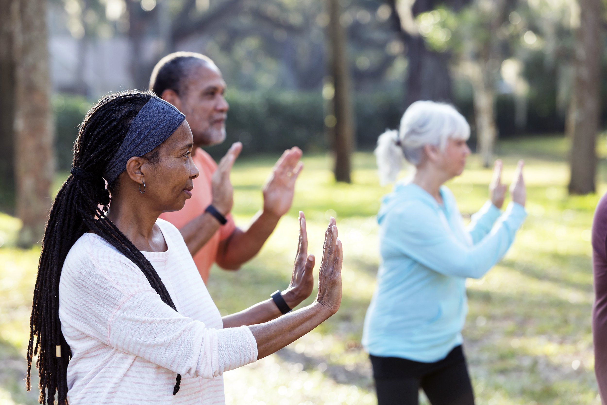 multi-ethnic group of seniors taking tai chi class