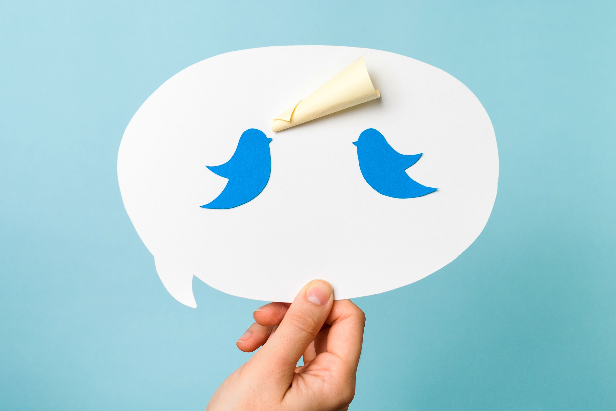 hand holding speech bubble with two blue birds