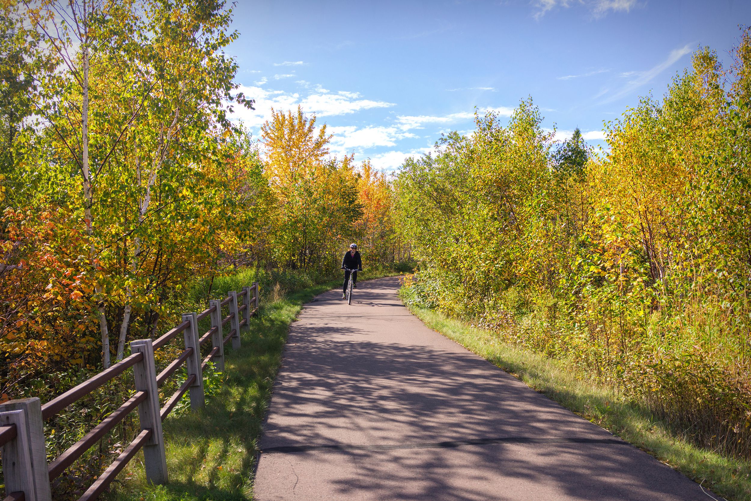 woman riding her bike down trail in autumn, Minnesota