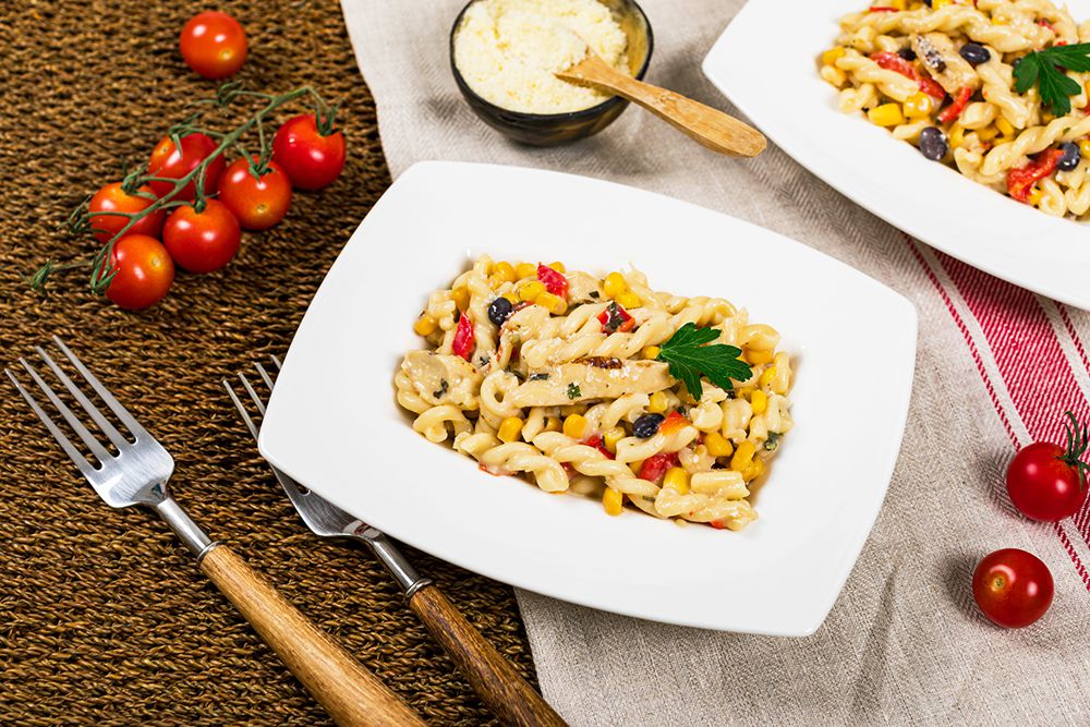 Alfredo Pasta Florentine with Black Beans and Corn