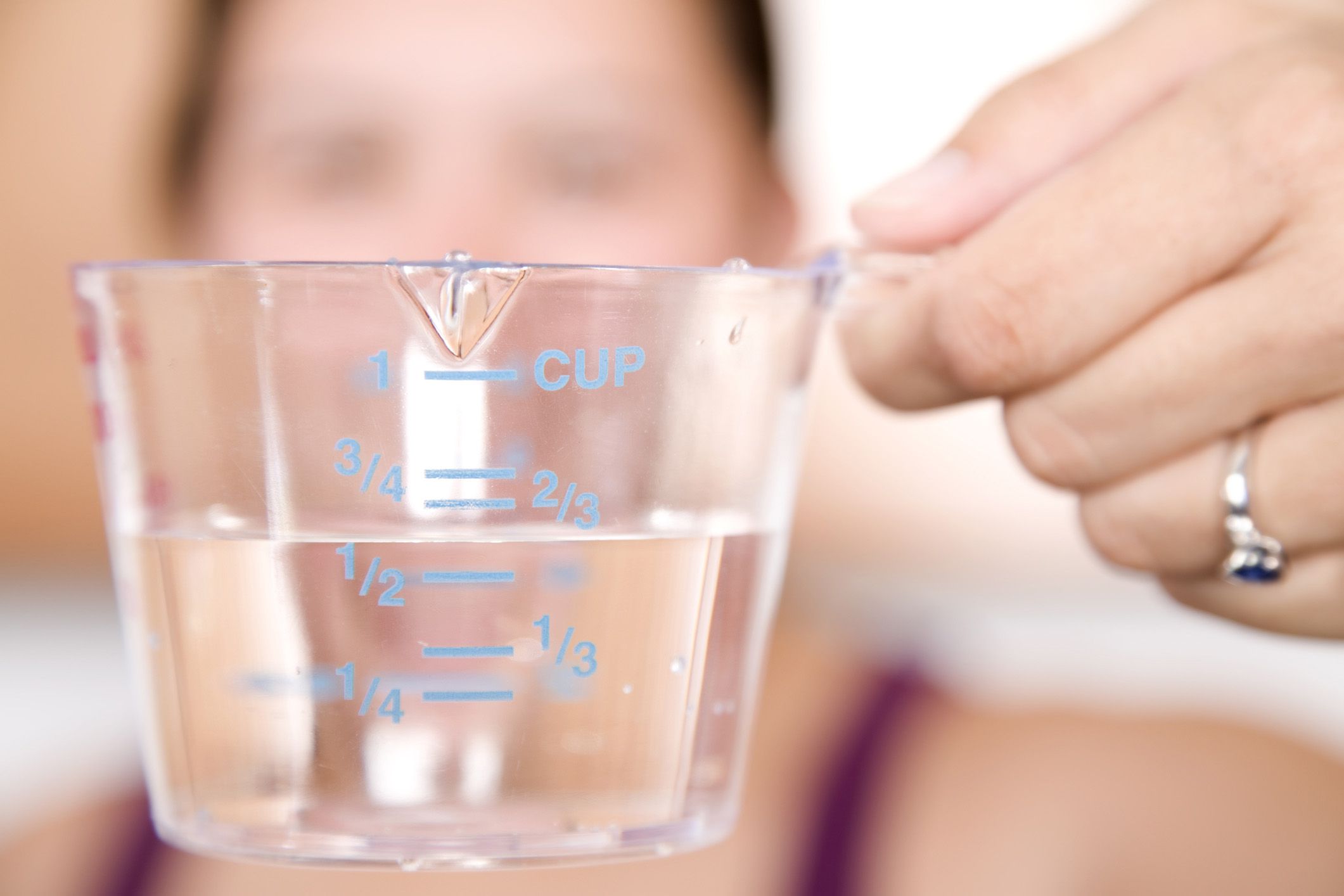 close-up of measuring cup half-full with water