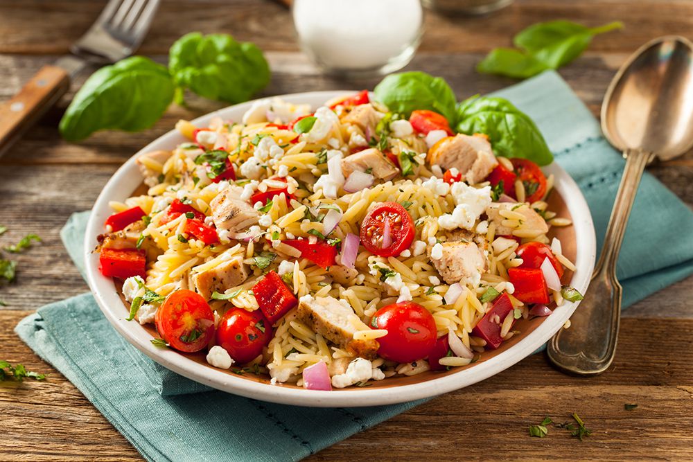Homemade Chicken Orzo Salad with Peppers and Feta