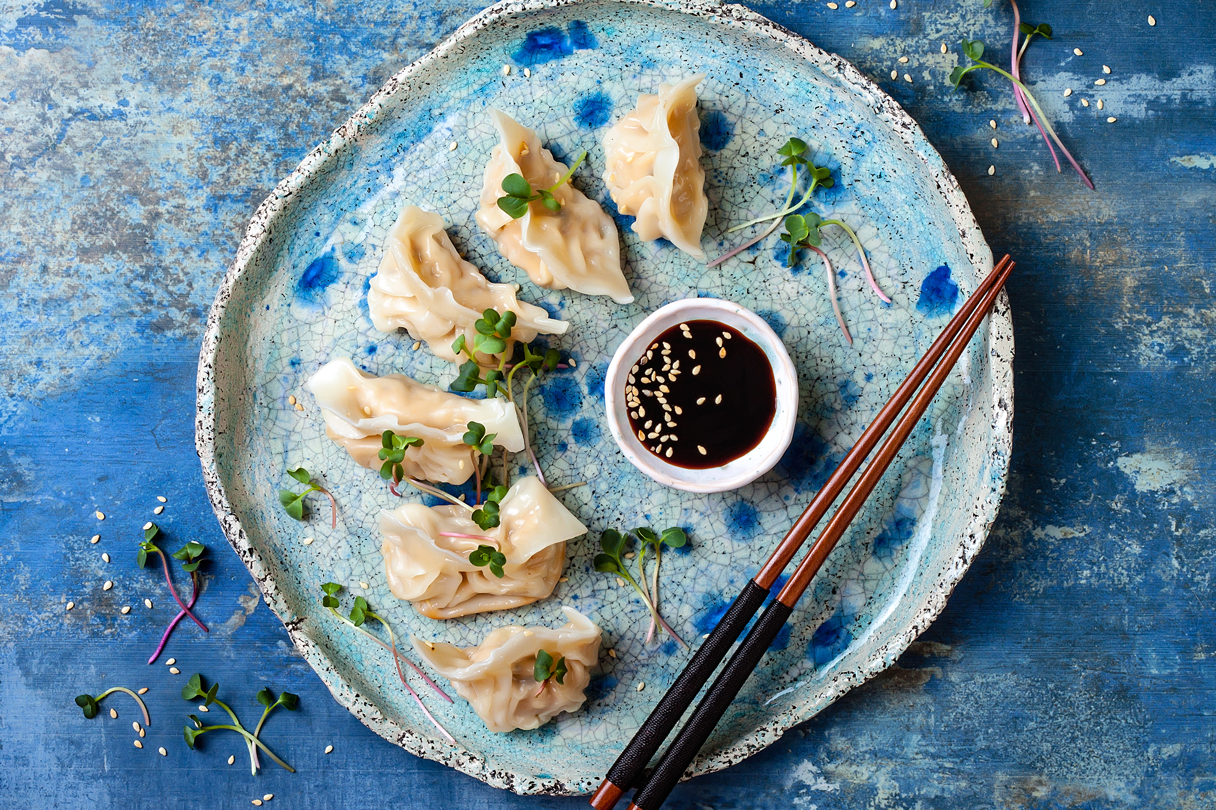 plate of dumplings with sauce