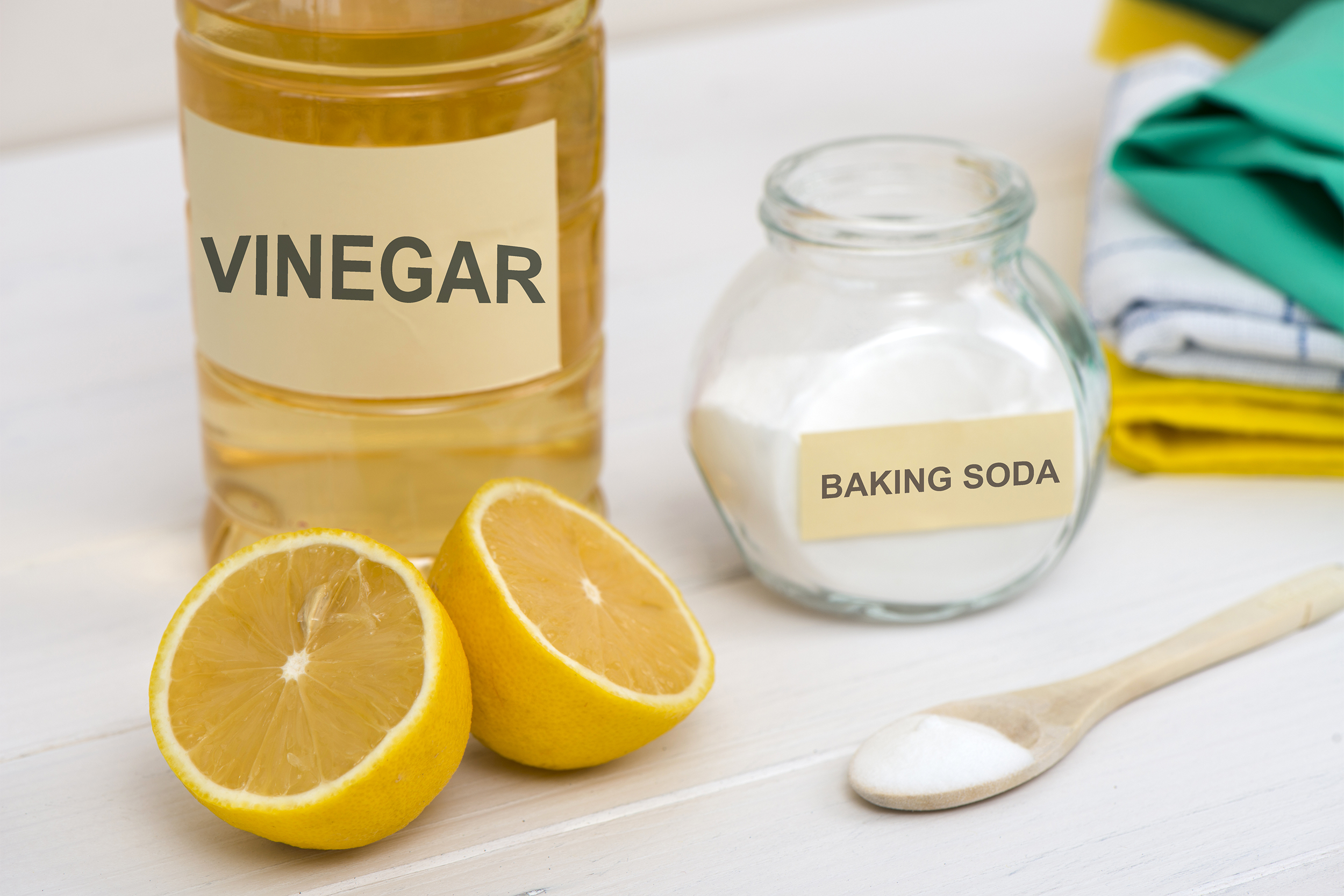 baking soda, vinegar, and lemon