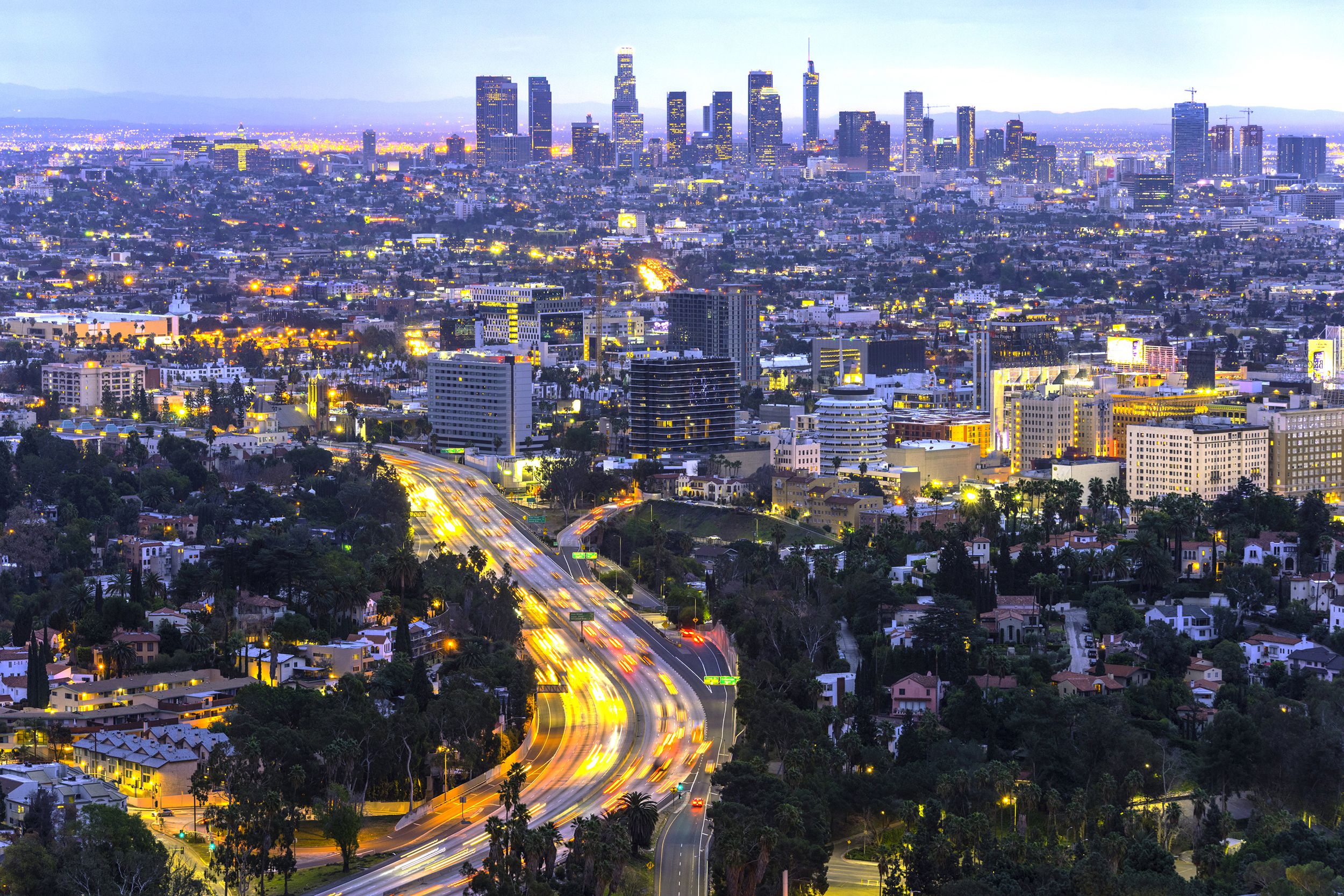 Los Angeles morning traffic at dawn looking from Hollywood
