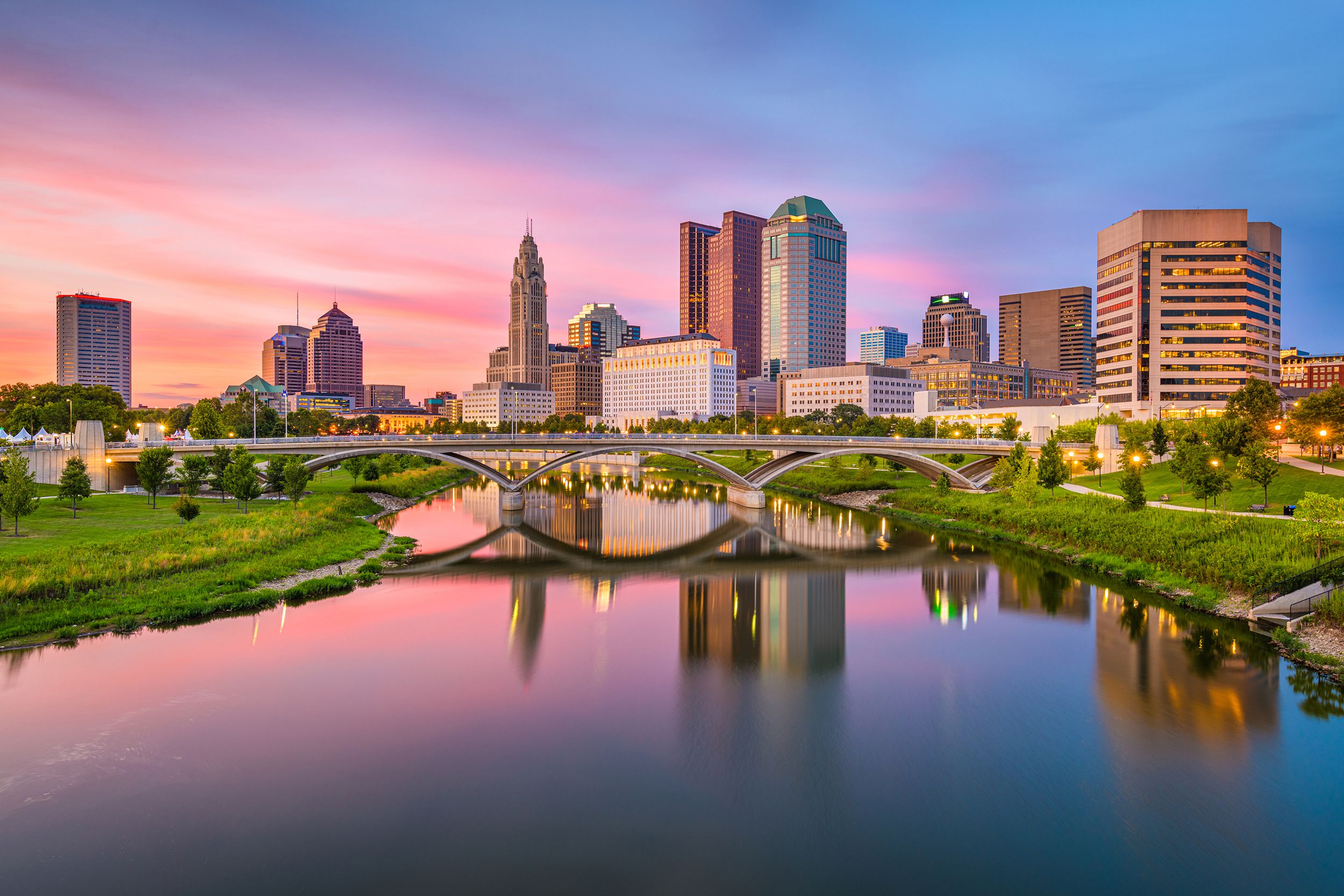 Columbus, Ohio, skyline on the river at dusk