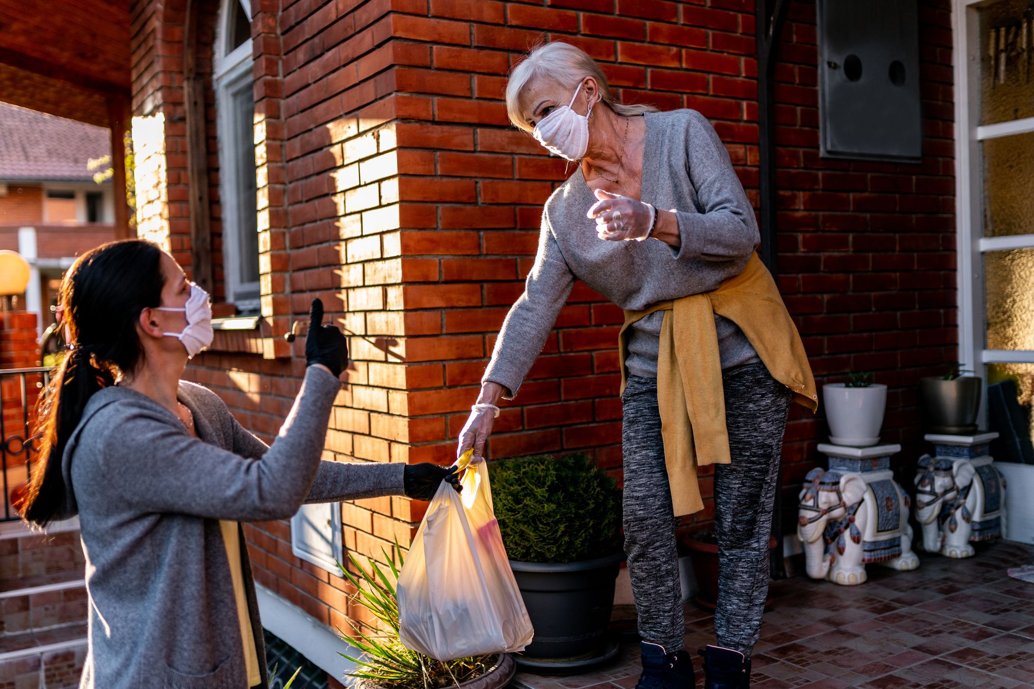 Female volunteer bringing groceries to a senior woman at home