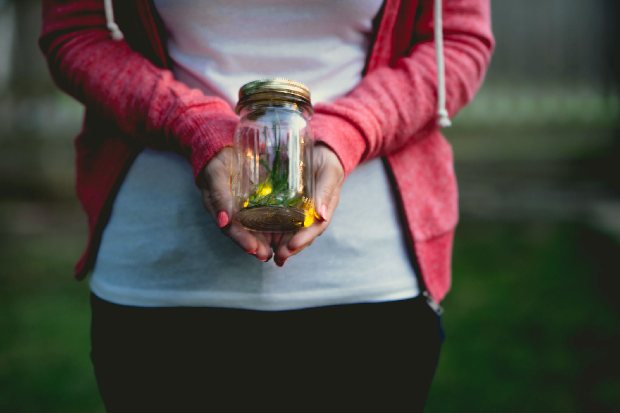 person holding jar of fireflies