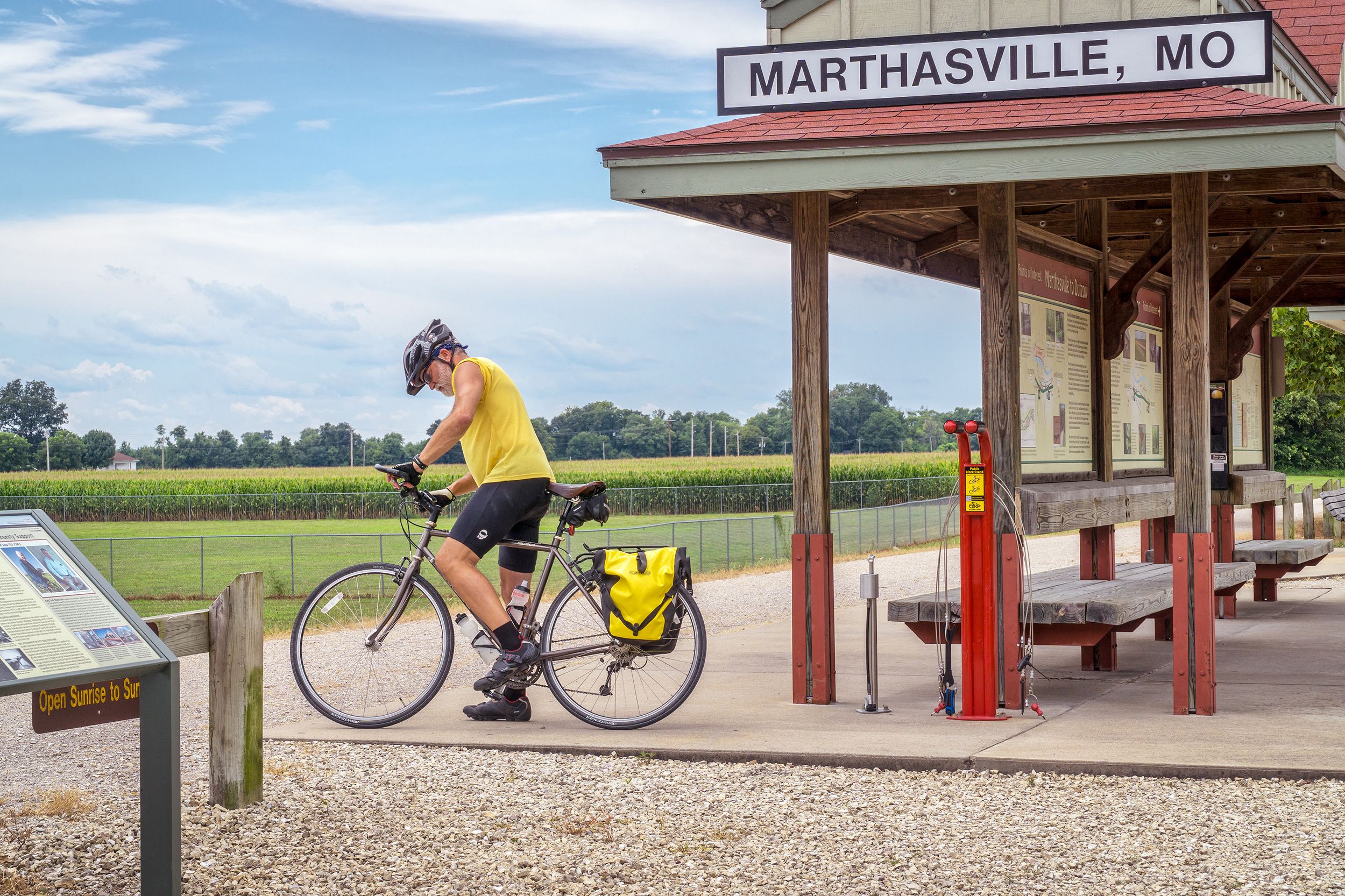 senior cyclist touring Katy Trail in Missouri