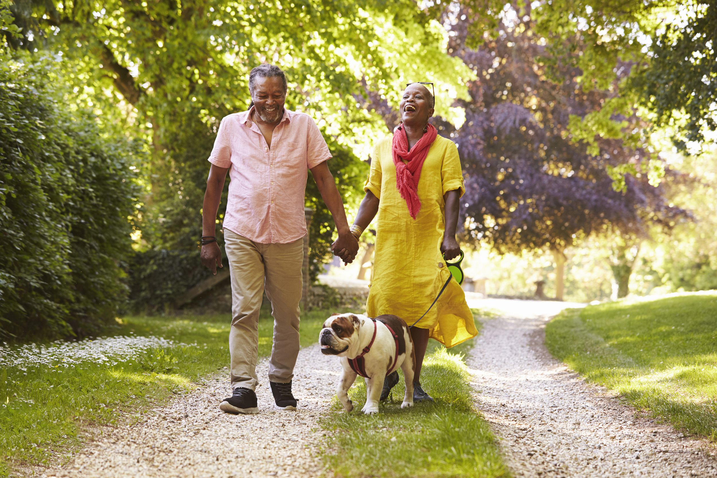 senior couple walking with pet bulldog in countryside