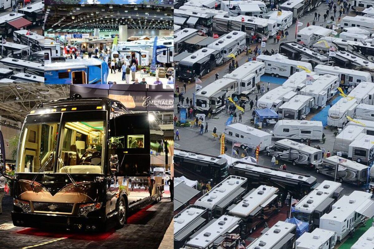 Florida RV SuperShow, Florida State Fairgrounds, Tampa, collage of images, RVs in showroom and parking lot with people in attendance