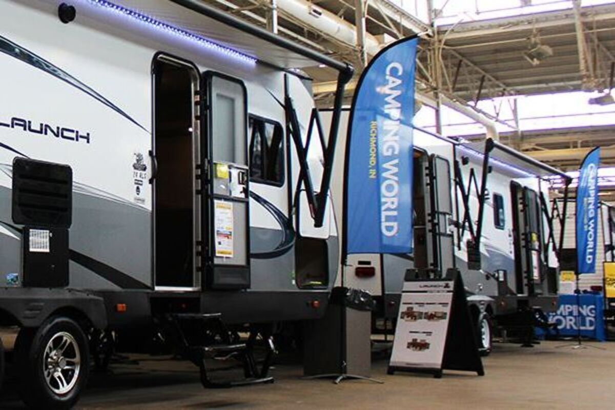 Indy RV Expo, Indiana State Fairgrounds, Indianapolis, RVs for sale from Camping World, on the interior floor of the building