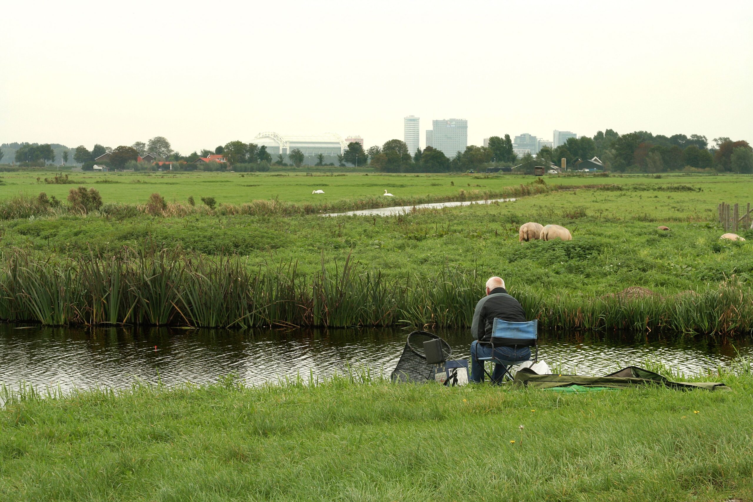 senior fishing in agricultural area outside city