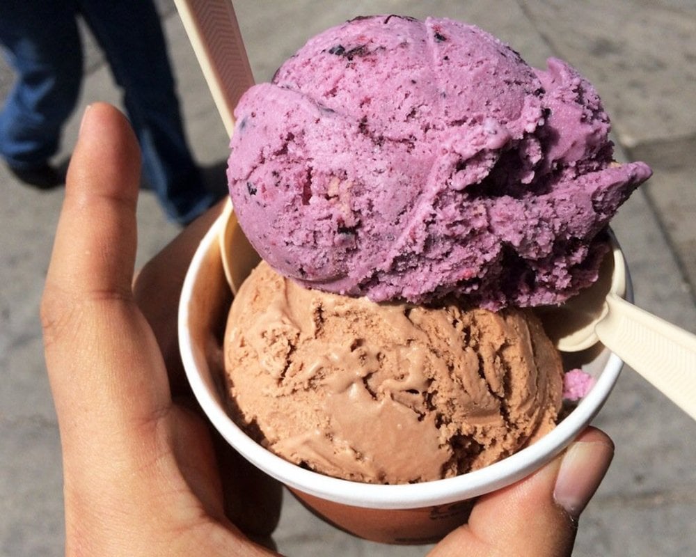 Huckleberry ice cream at Moo's Gourmet Ice Cream in Jackson Hole, Wyoming