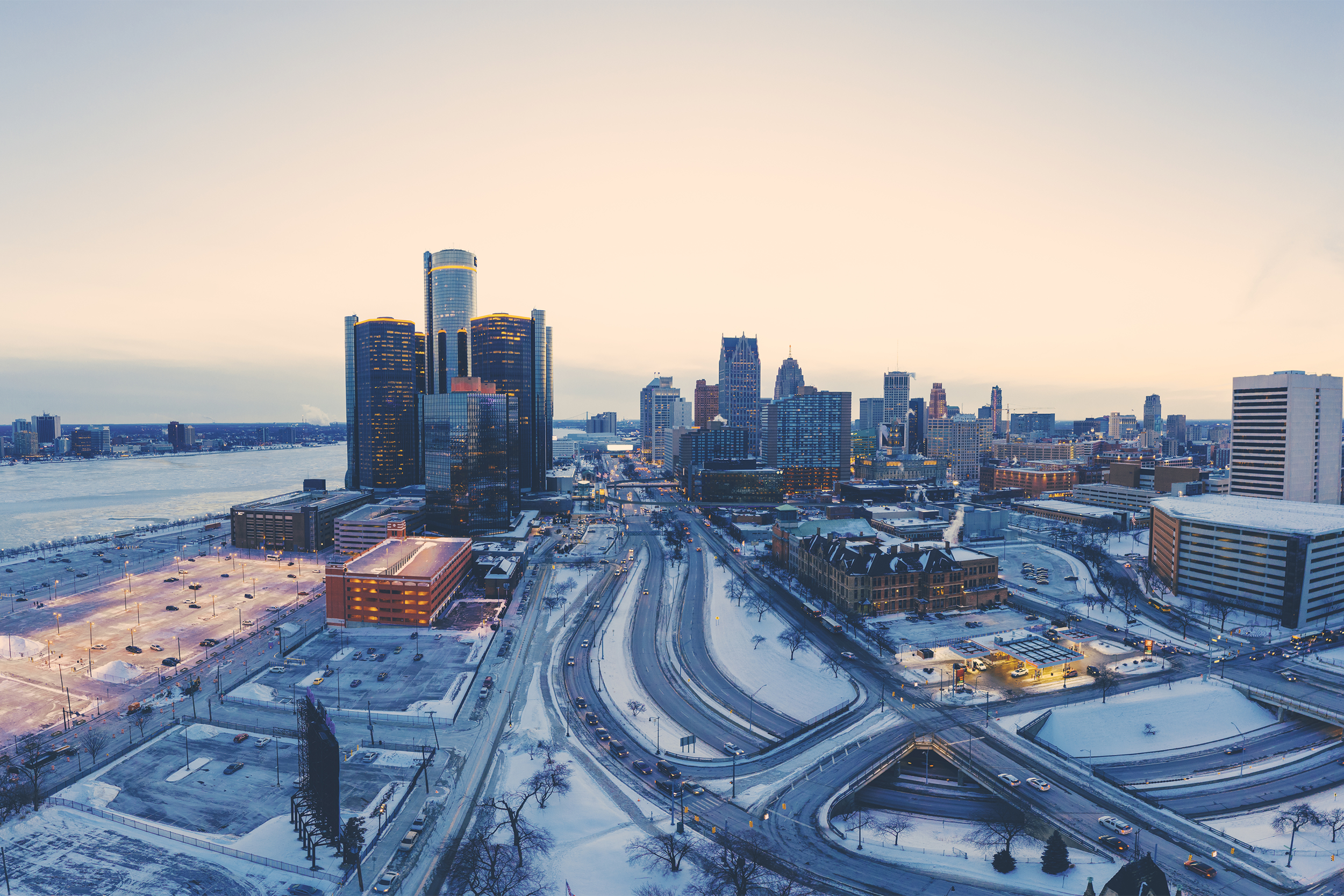 snow in downtown Detroit
