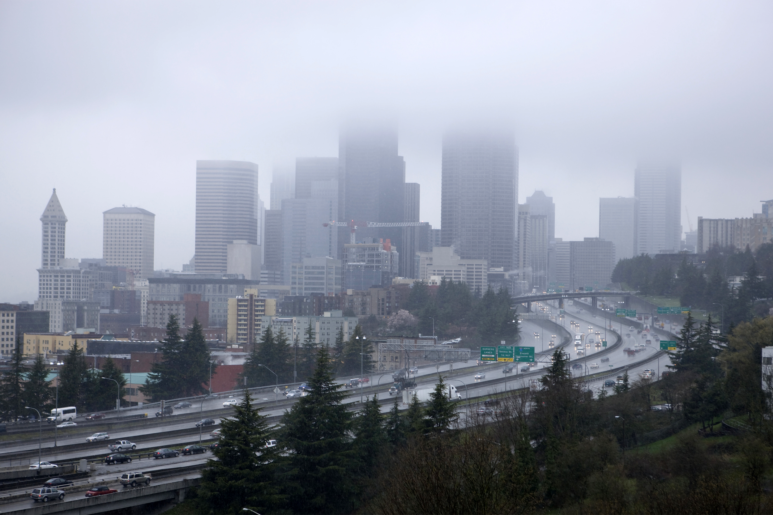 Downtown Seattle in a Rain Storm and Fog