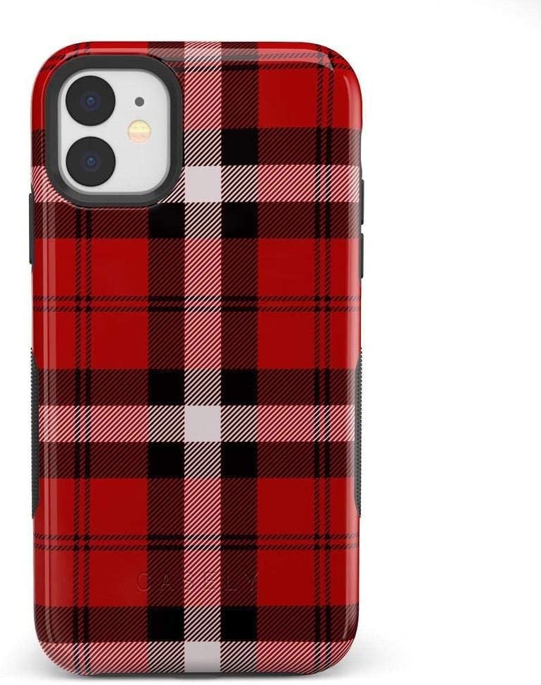 A smartphone with a red, black, and white plaid patterned case, shown from the back against a plain white background.