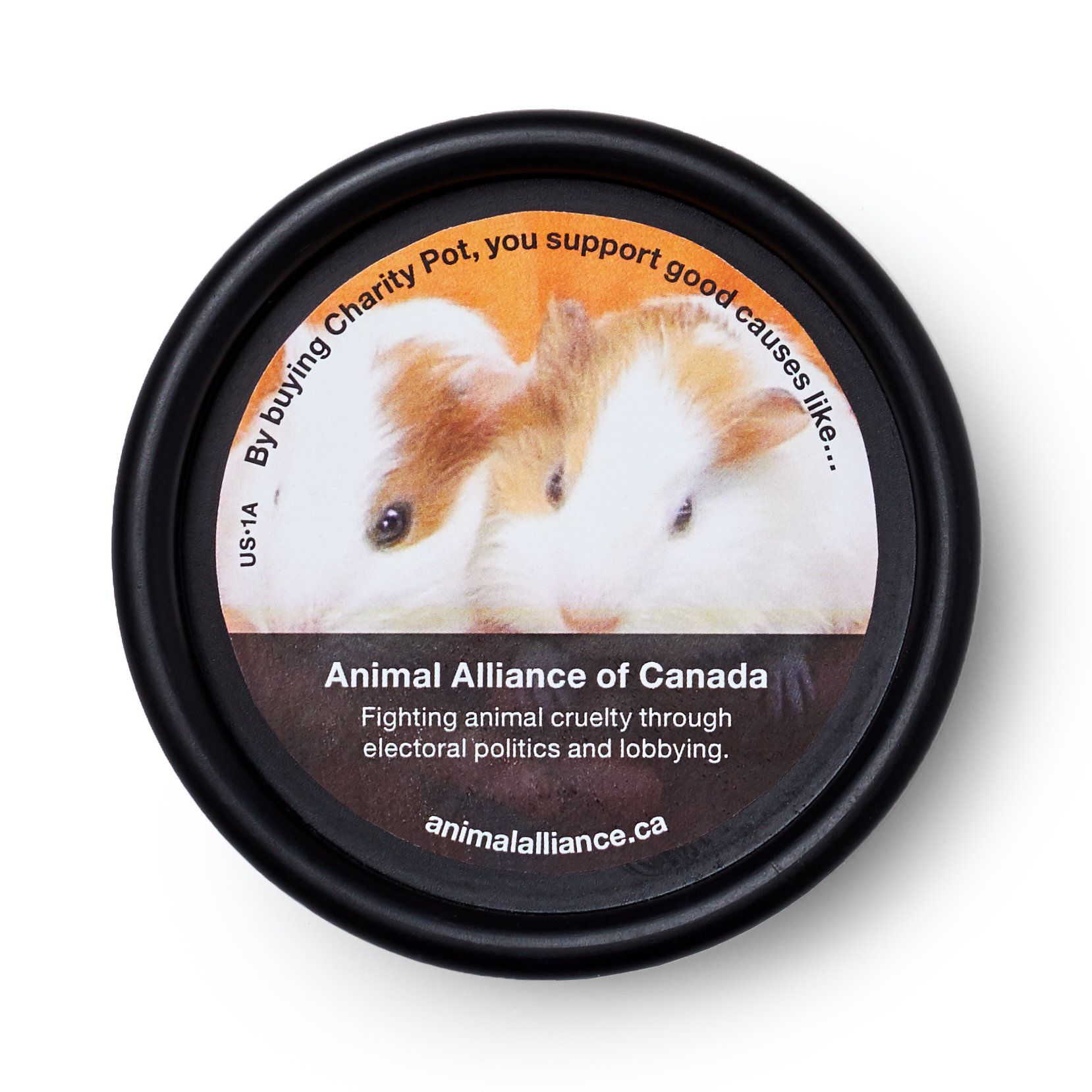 A round black tin lid with a photo of two guinea pigs and text supporting the Animal Alliance of Canada, promoting animal cruelty prevention through politics and lobbying. Website: animalalliance.ca.