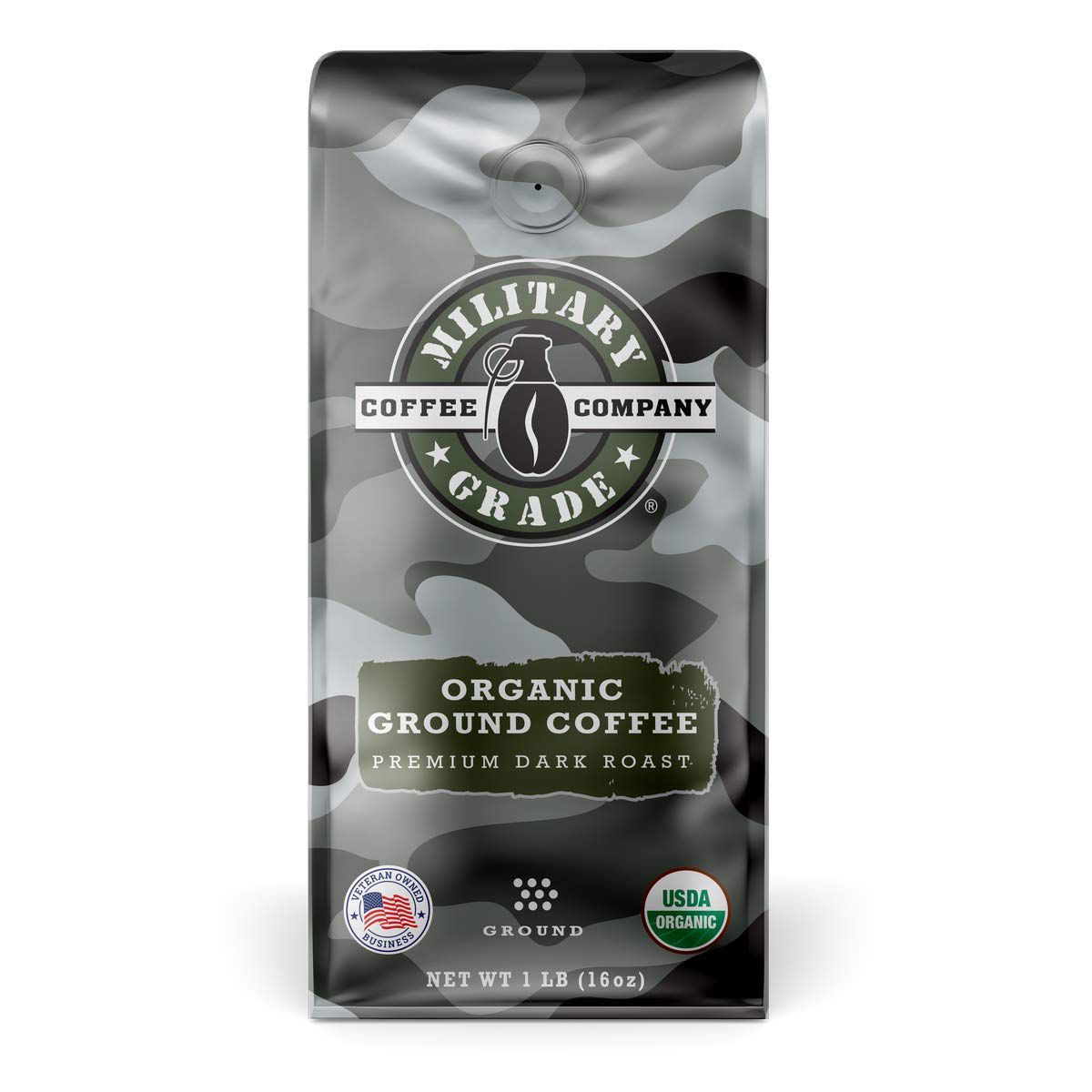 A 1-pound bag of Military Grade Coffee Company organic ground coffee in premium dark roast, featuring a gray camouflage design and USDA Organic seal on the front.