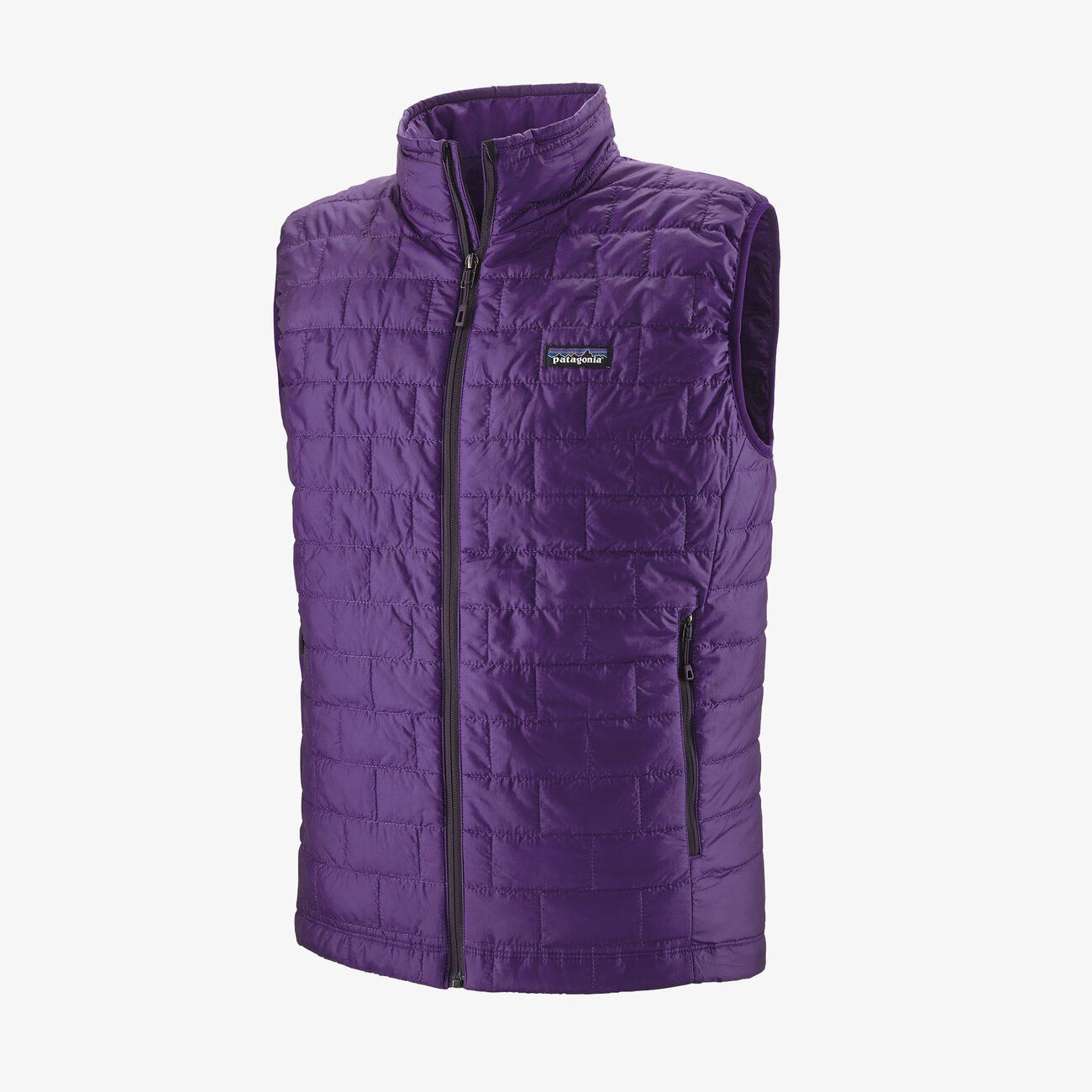 A sleeveless, purple quilted vest with a high collar, front zipper, and a zippered chest pocket. The vest also features a small rectangular logo on the upper left chest.