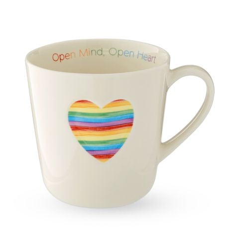 A white mug with a rainbow-striped heart on the front. Inside the rim, the words “Open Mind, Open Heart” are printed in pastel colors.