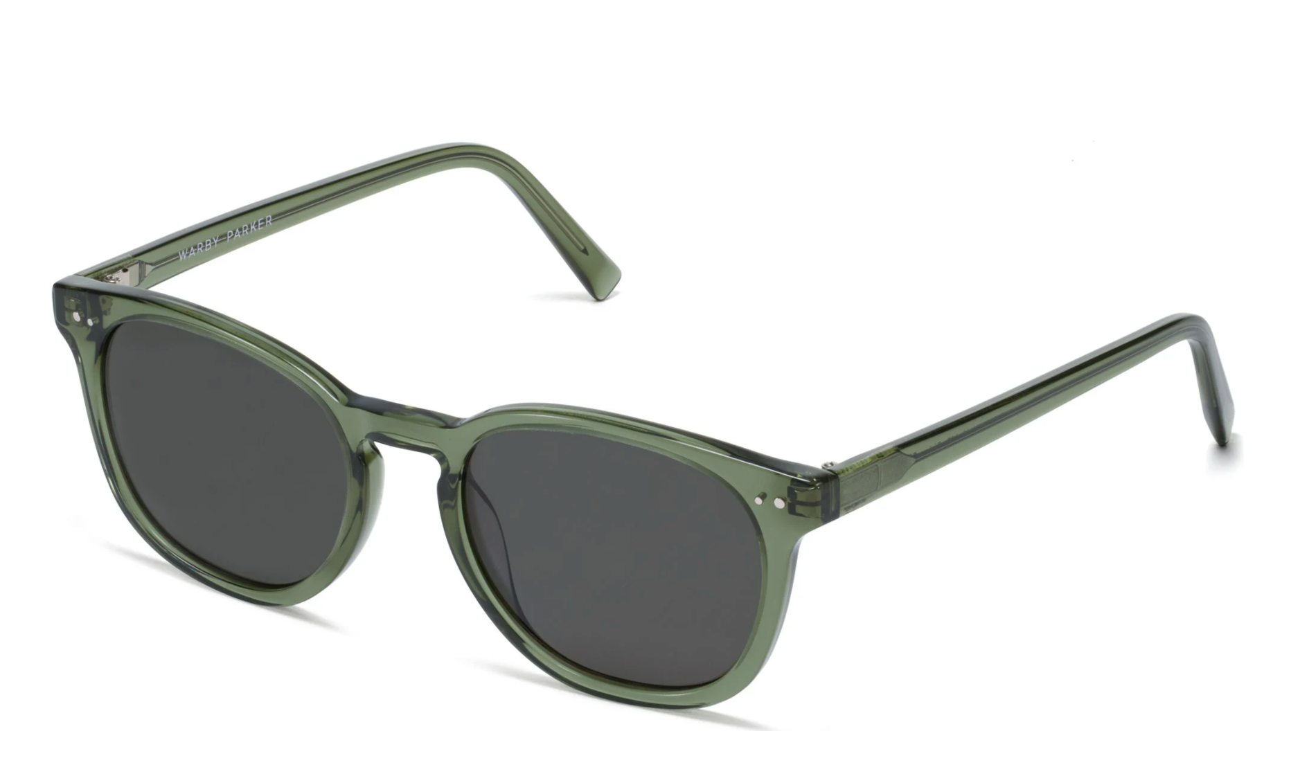 A pair of sunglasses with translucent olive green frames and dark lenses, shown at an angle on a white background.
