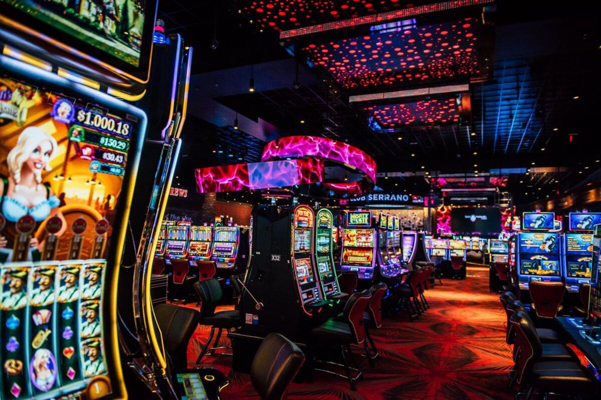 Yaamava' Resort & Casino, Highland, California, colorful slot machines inside the casino with lighting on the ceiling, slot machine on the left foreground