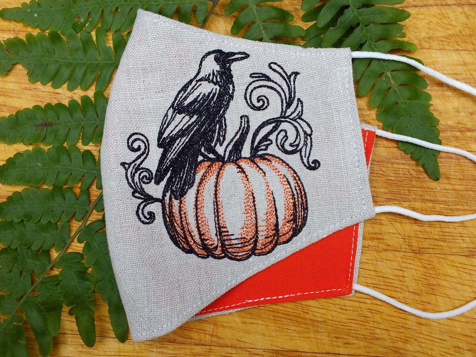 Embroidered Raven & Pumpkin Face Mask