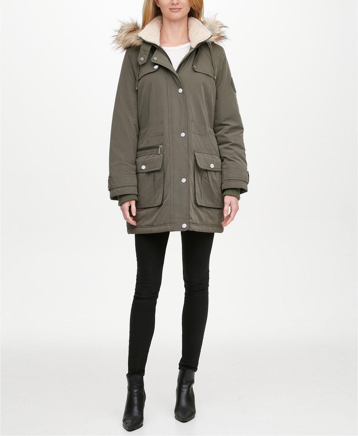 DKNY Faux-Fur Trim Hooded Water-Resistant Anorak Coat