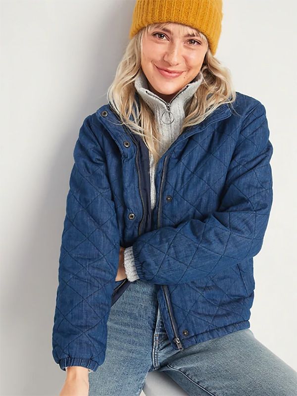 Lightweight Diamond Quilted Chambray Puffer Jacket